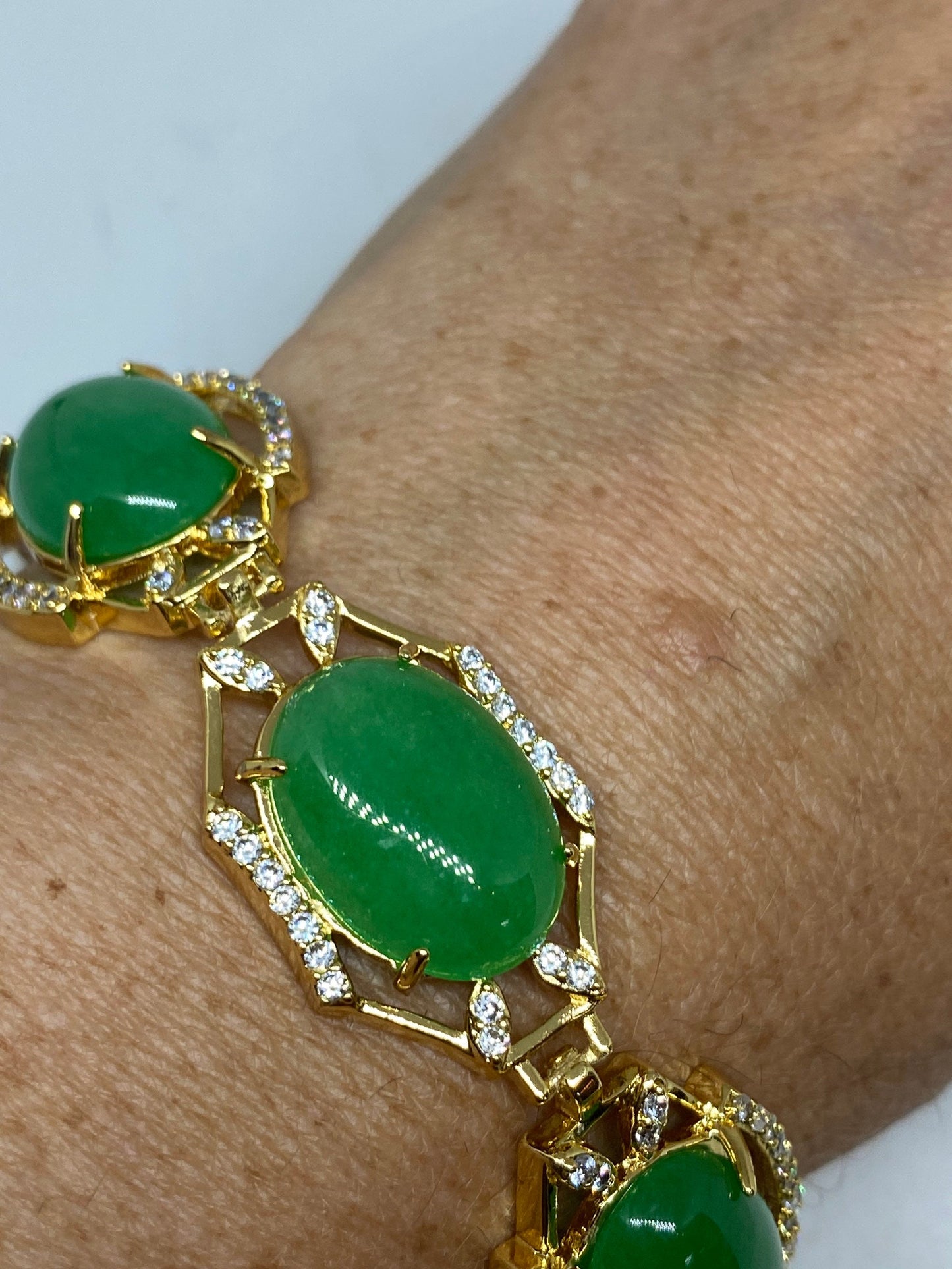 Vintage Green Jade Bracelet Golden White Bronze