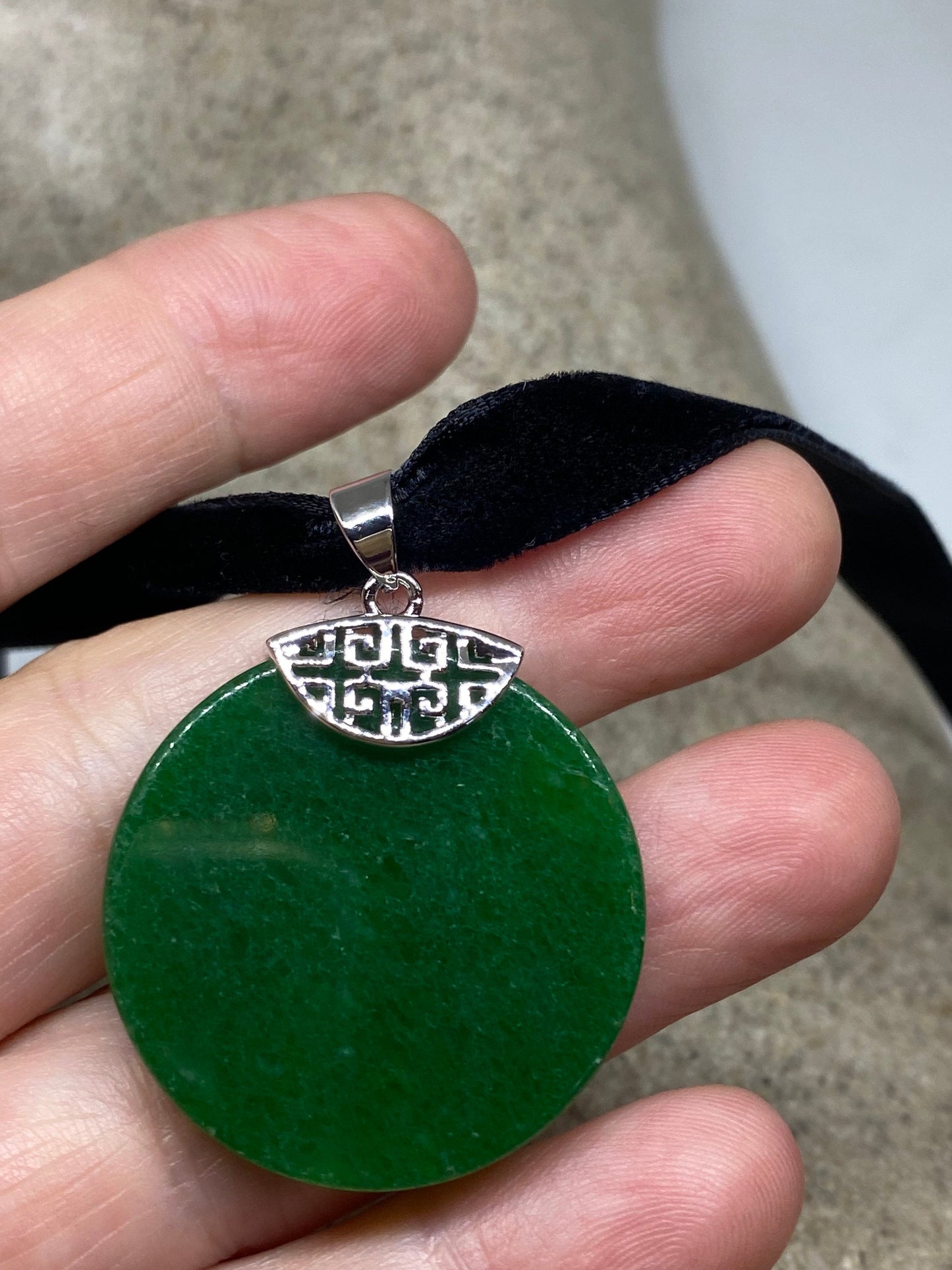 Vintage Green Jade Choker Silver Finish Necklace Pendant