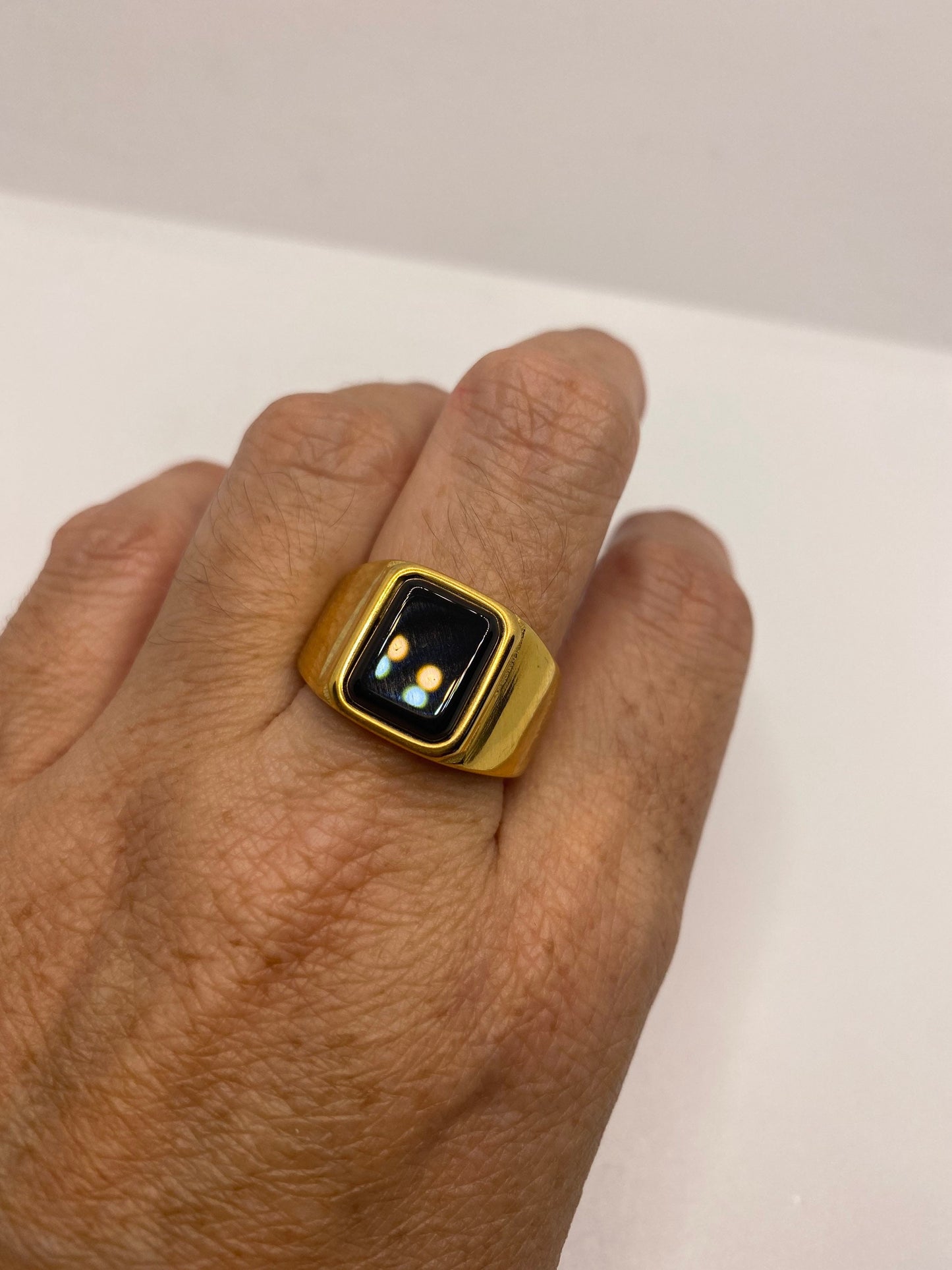 Vintage Golden Stainless Steel Black Onyx Genuine Ring
