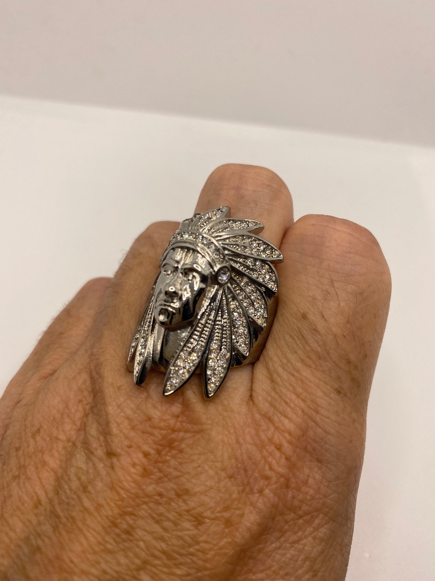 Vintage Native American Indian Chief Silver Stainless Steel Mens Ring