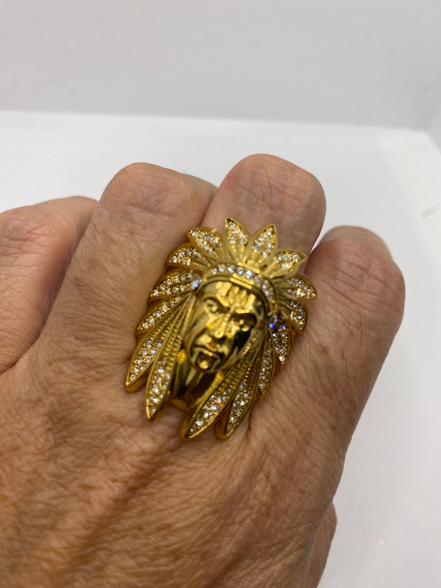 Vintage Native American Indian Chief Golden Stainless Steel Mens Ring