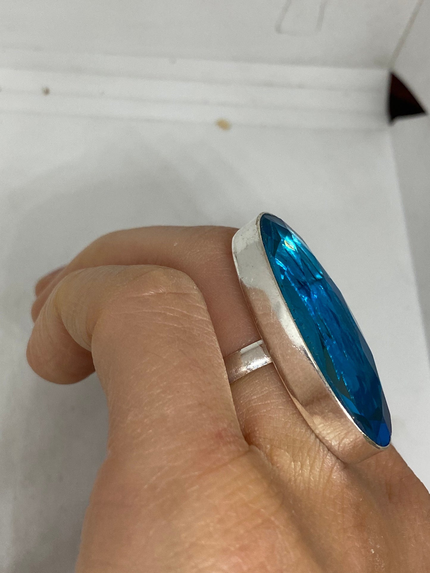 Vintage Blue Vintage Art Glass Ring About 1 Inch Long Knuckle Ring