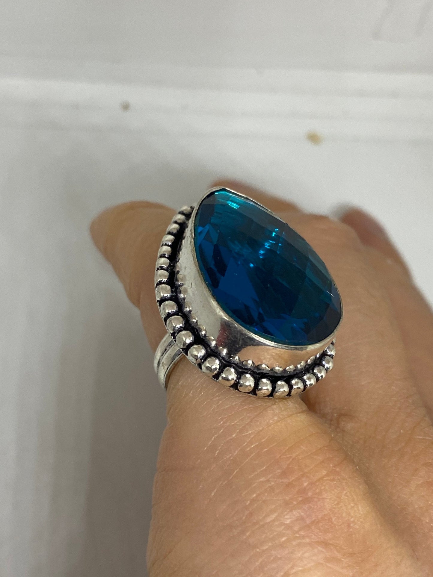 Vintage Blue Art Glass Ring, Ornate German Silver, Size 6