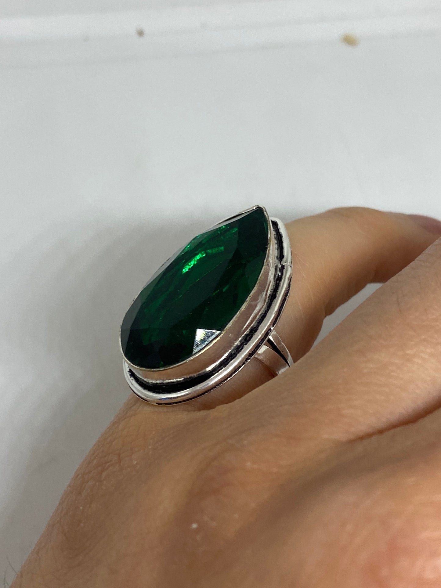 Vintage Green Art Glass Ring, German Silver Setting, Size 5