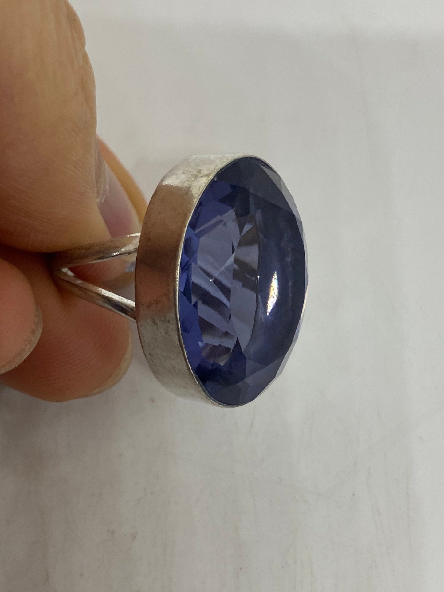 Vintage German Silver Blue Art Glass Knuckle Ring, Size 7.5