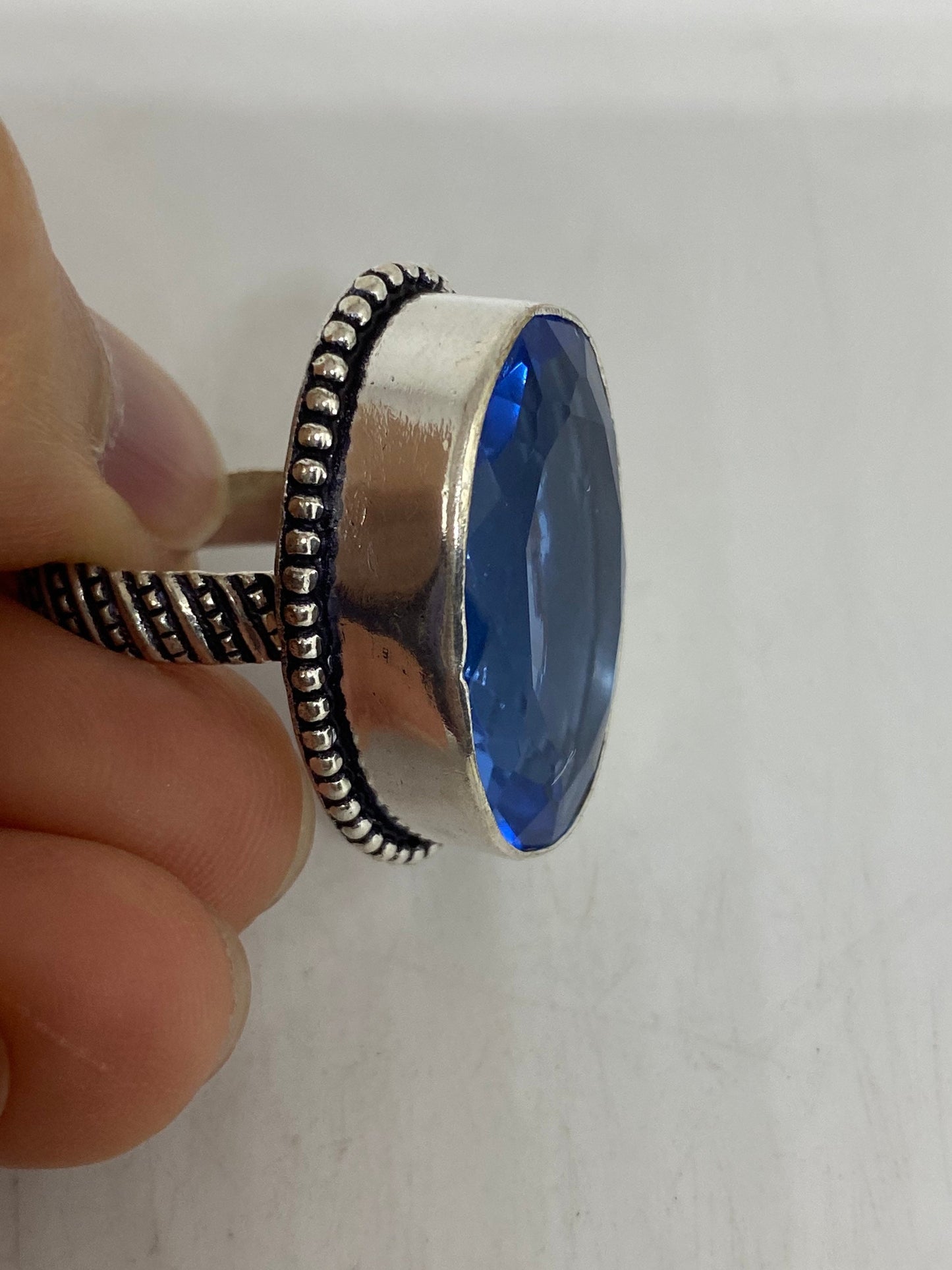 Vintage German Silver Blue Art Glass Ring, Size 9