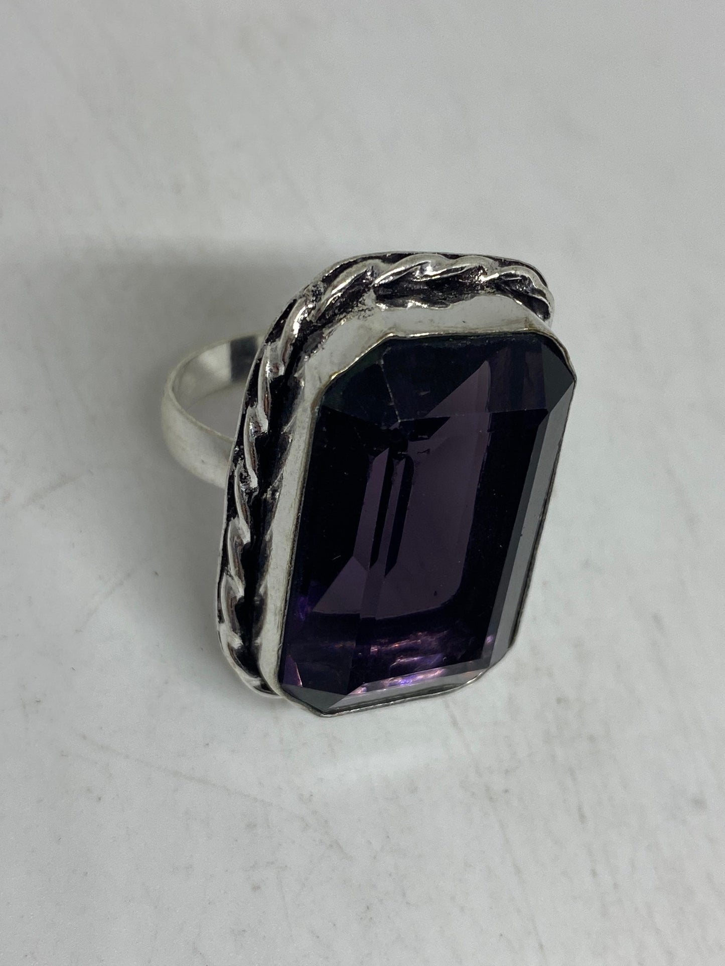 Vintage Purple Art Glass Ring, Ornate German Silver, Size 8.5