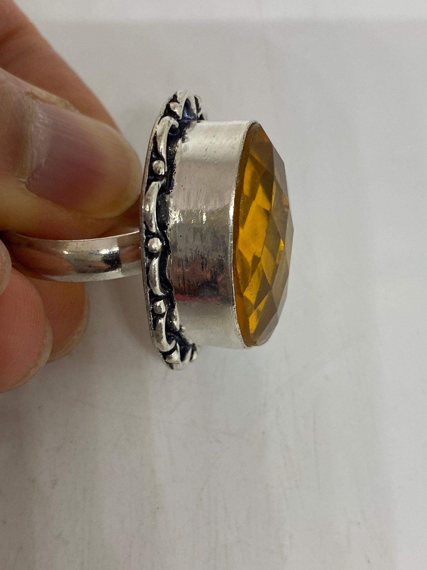 Vintage Golden Art Glass Ring, Ornate German Silver, Size 9