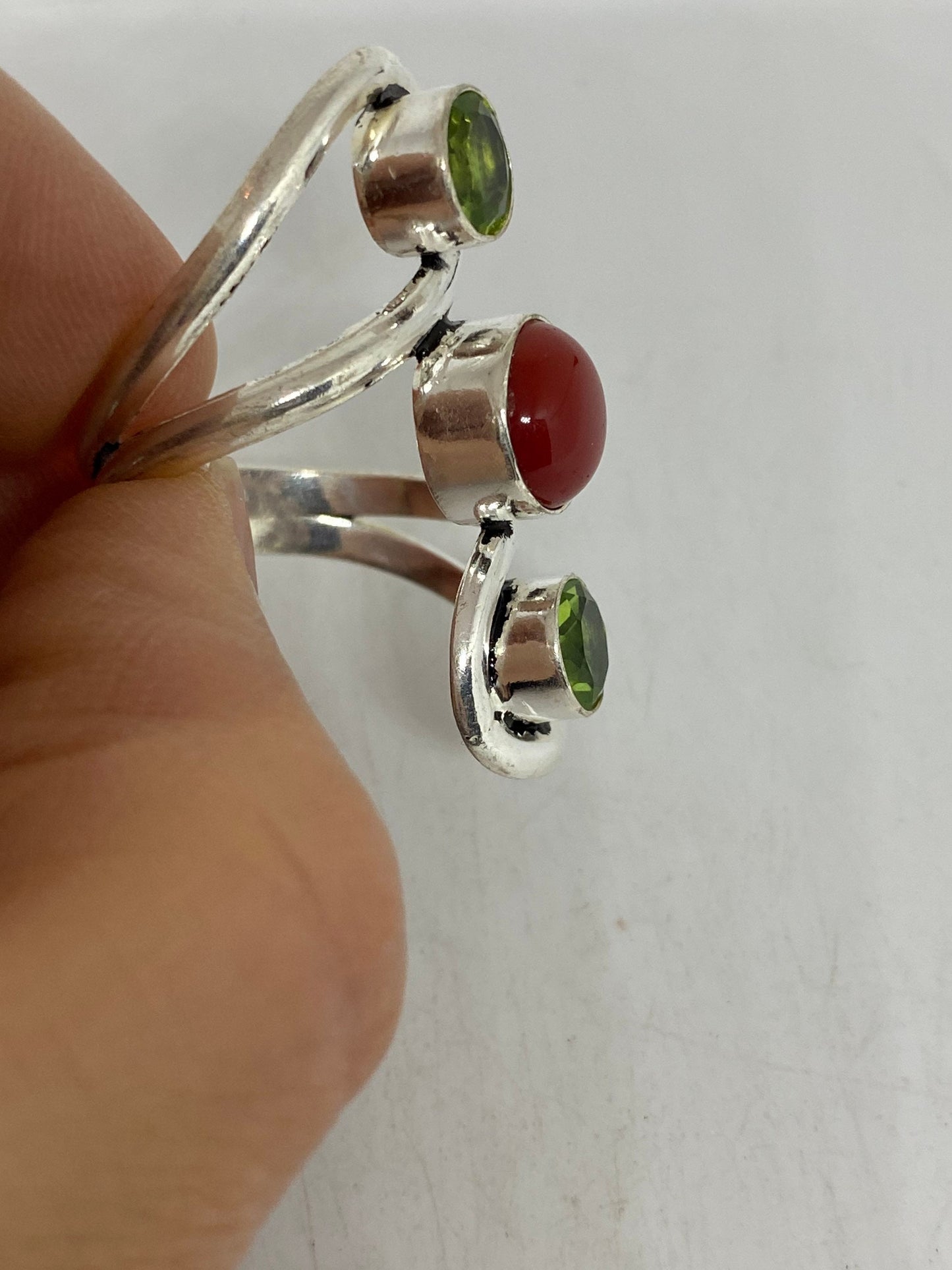 Vintage Peridot Red Silver Ring Adjustable
