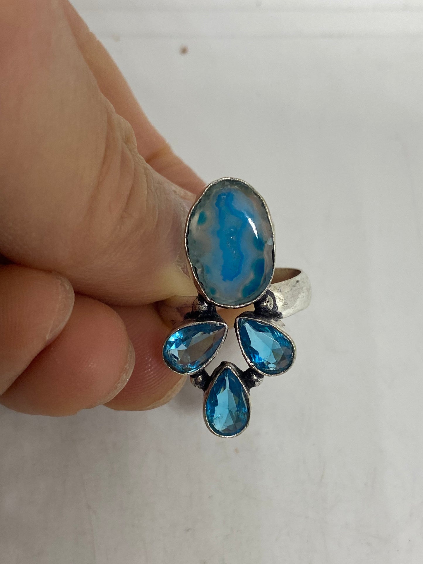 Vintage Blue Topaz and agate Silver Ring Size 7.5