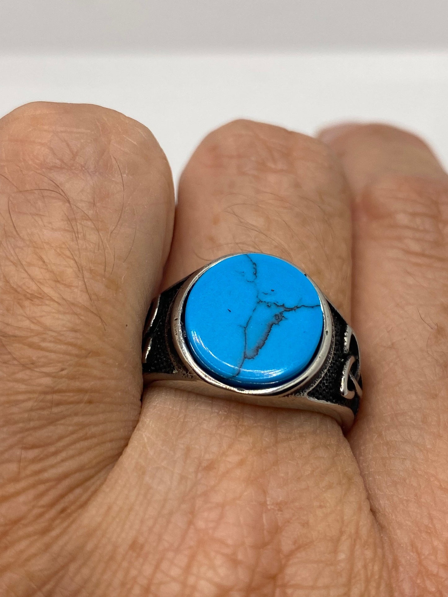 Vintage Celtic Blue Turquoise Stainless Steel Mens Ring