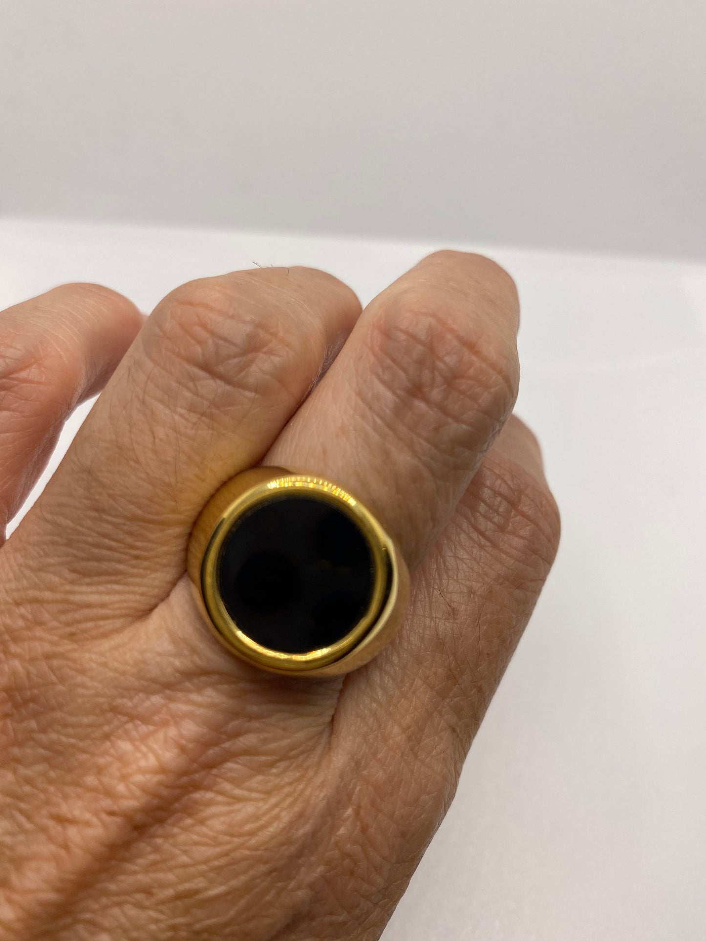 Vintage Black Onyx Golden Stainless Steel Mens Ring