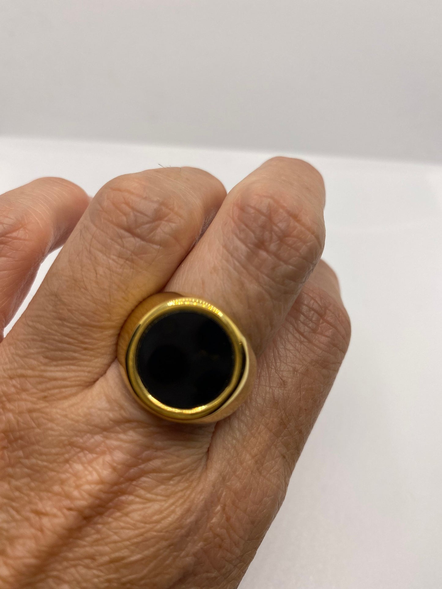 Vintage Black Onyx Golden Stainless Steel Mens Ring