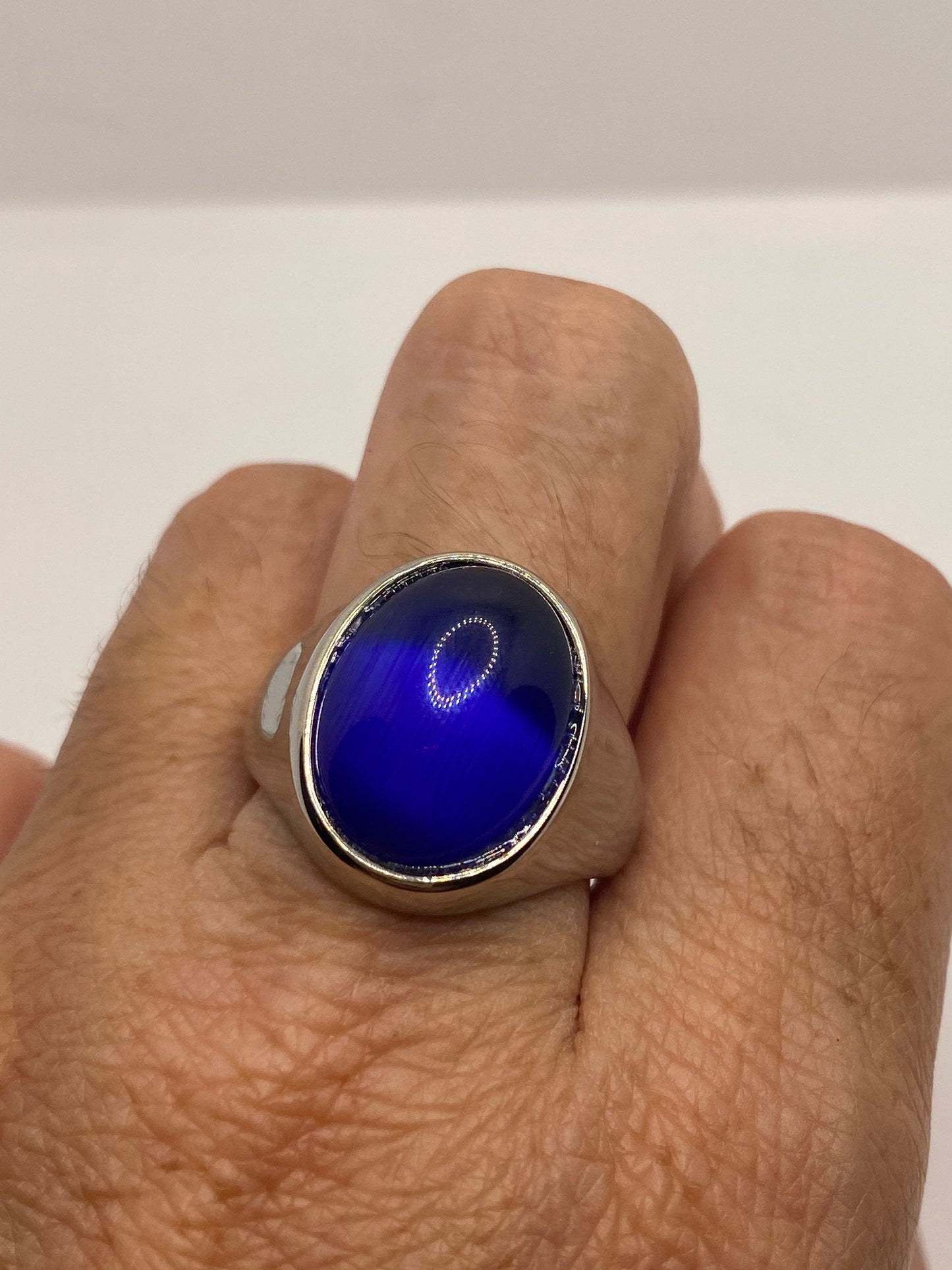 Vintage Blue Cats Eye Glass Mens Ring Stainless Steel