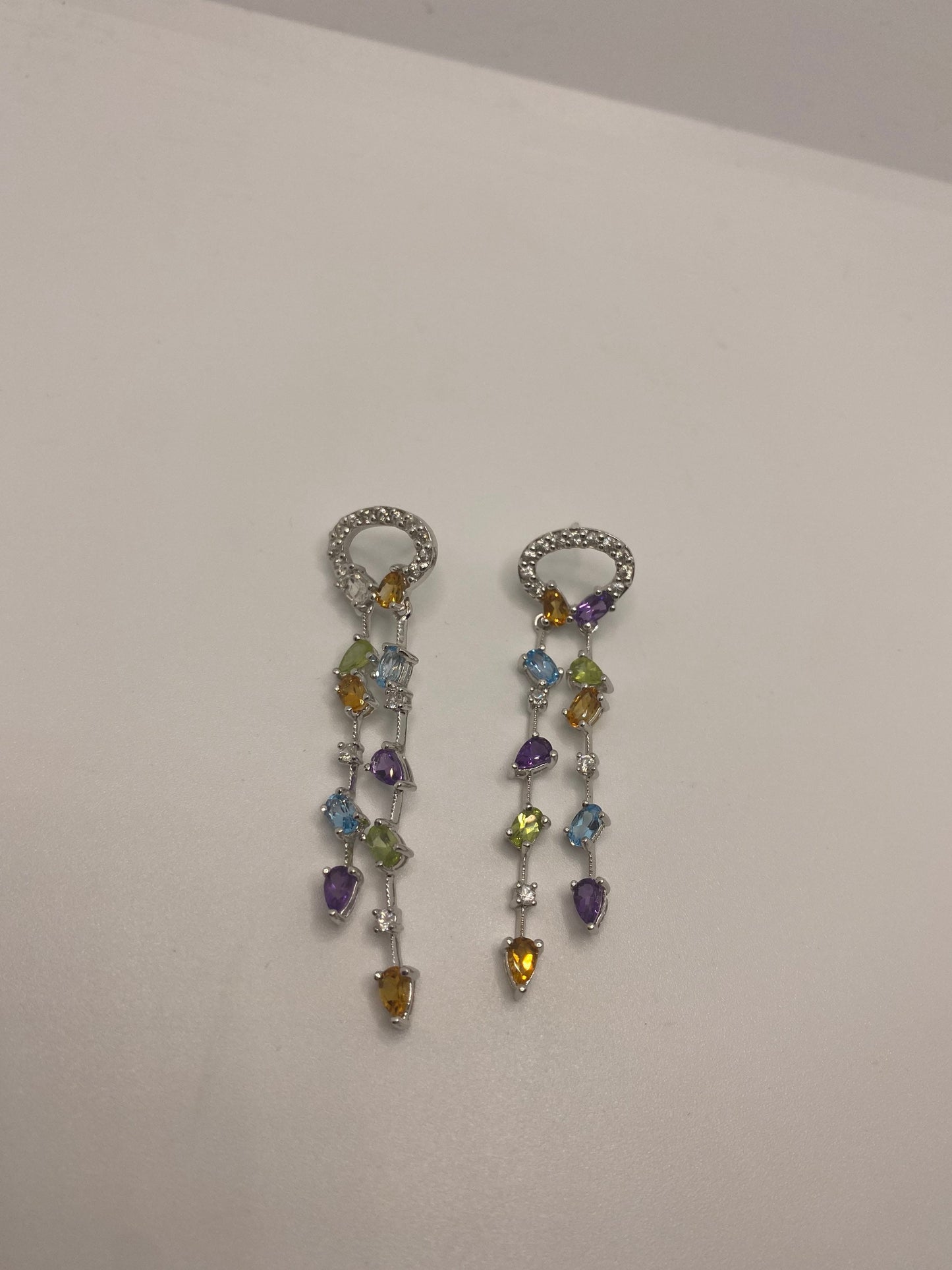 Vintage Genuine Gemstone 925 Sterling Silver Dangle Earrings