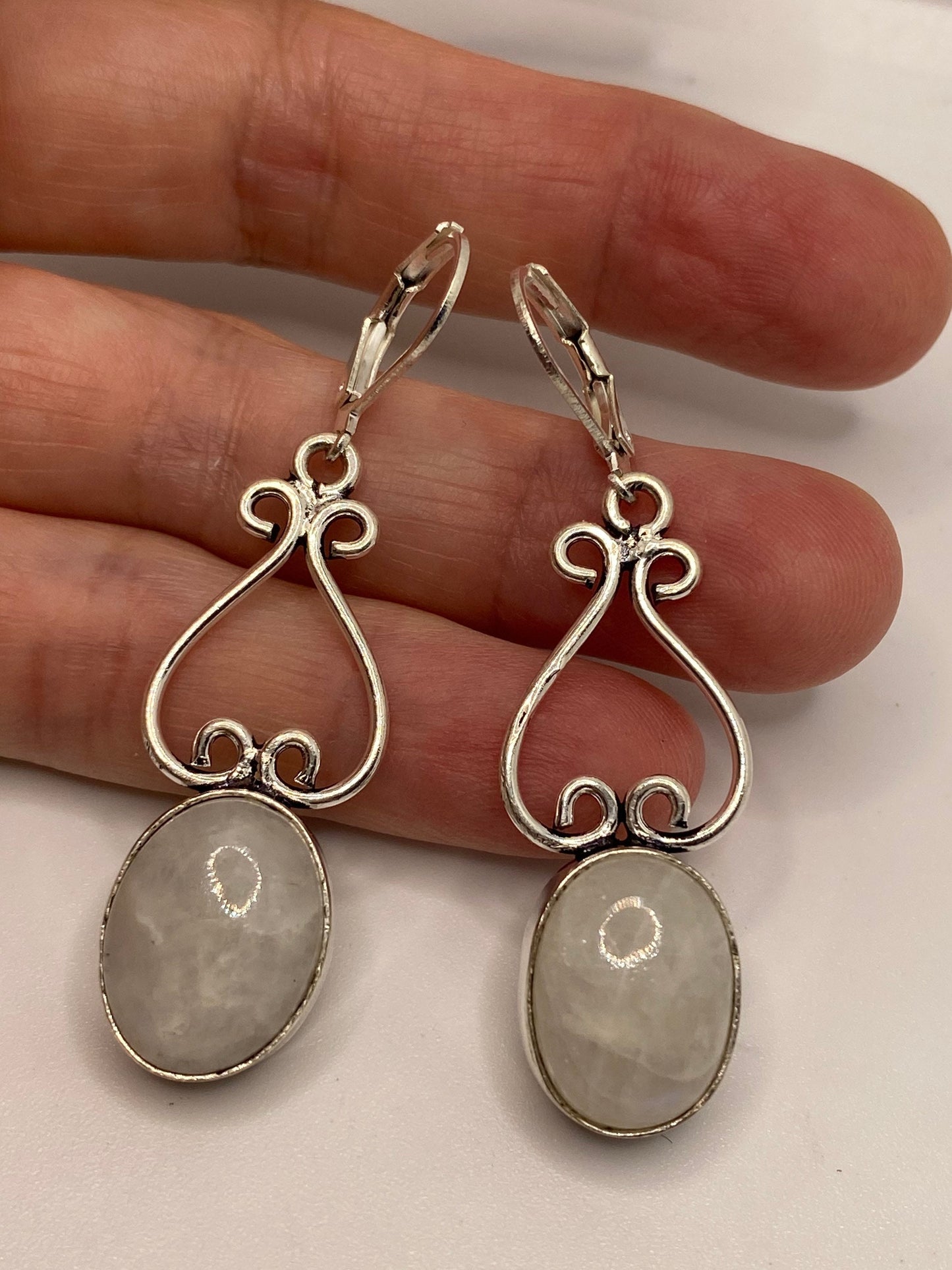 Vintage Rainbow Moonstone Sterling Silver Lever Back Dangle Earrings