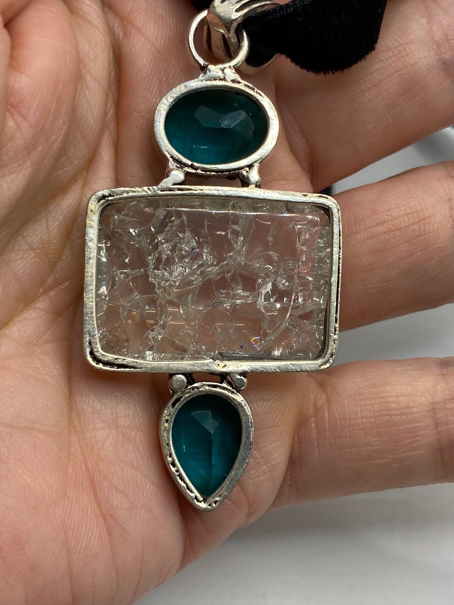 Vintage Clear Crackled Aqua Glass Antique Velvet Choker Necklace