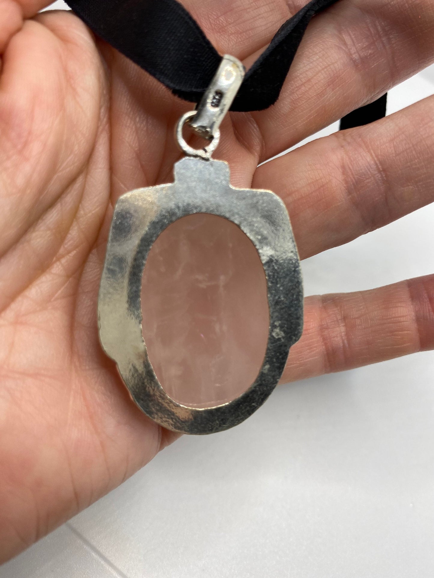 Vintage Handmade Silver Finish Rose Quartz Choker Pendant