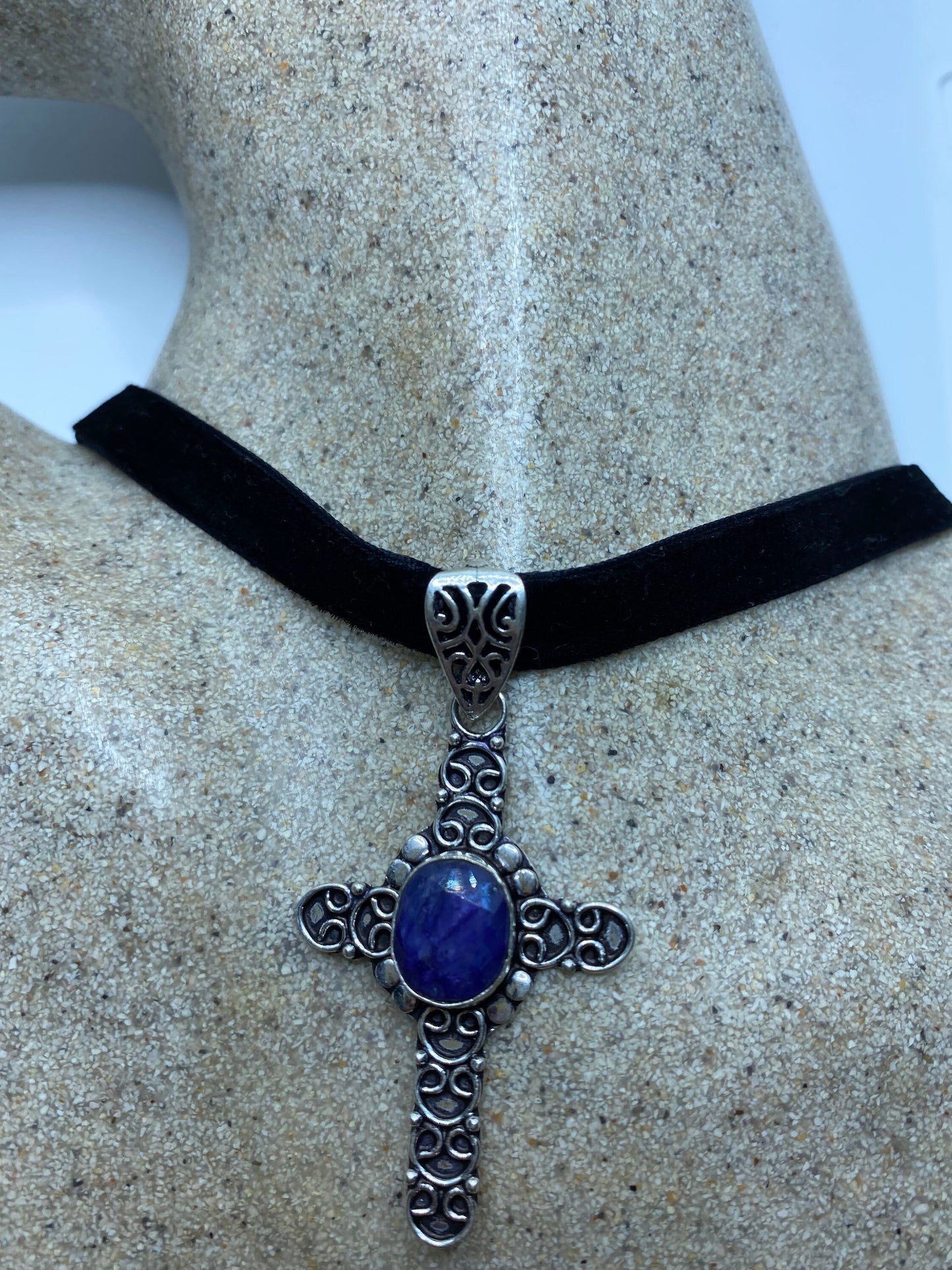 Vintage Raw Blue Sapphire Cross Choker Pendant