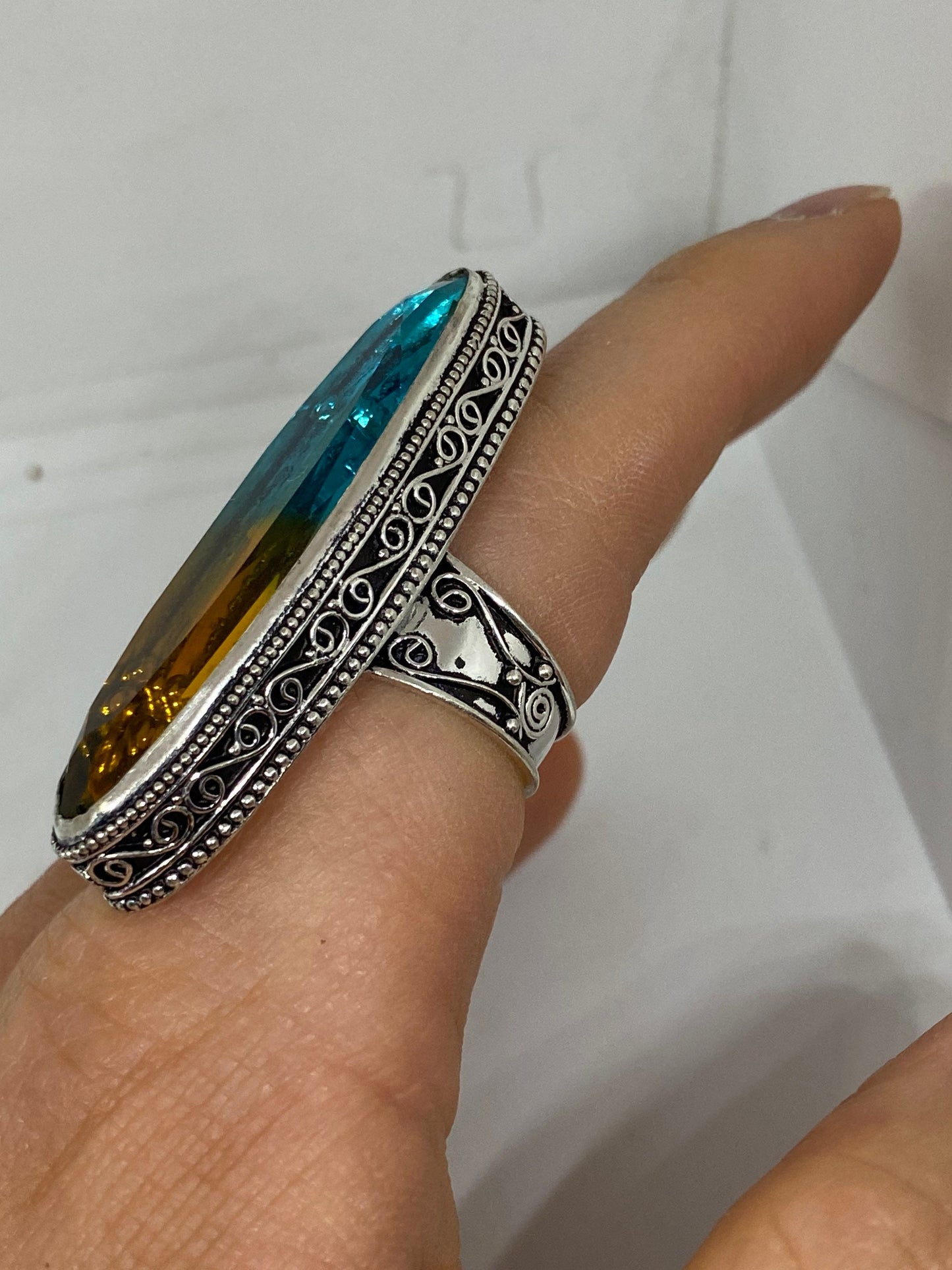Vintage Art Glass Knuckle Ring, Ornate German Silver, Size 8.5
