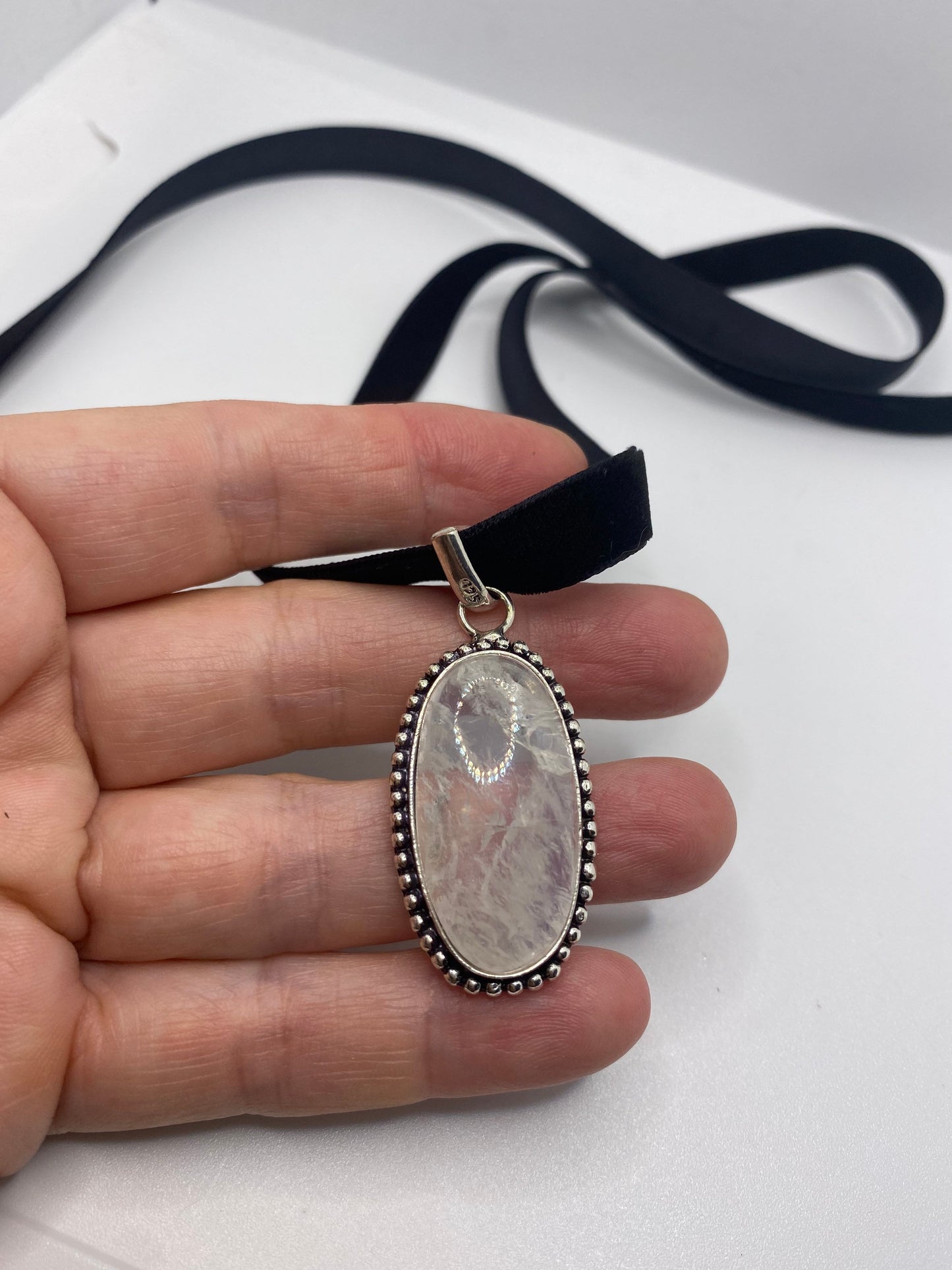 Large Handmade Vintage Engraved Repose Brass Rainbow Moonstone Pendant