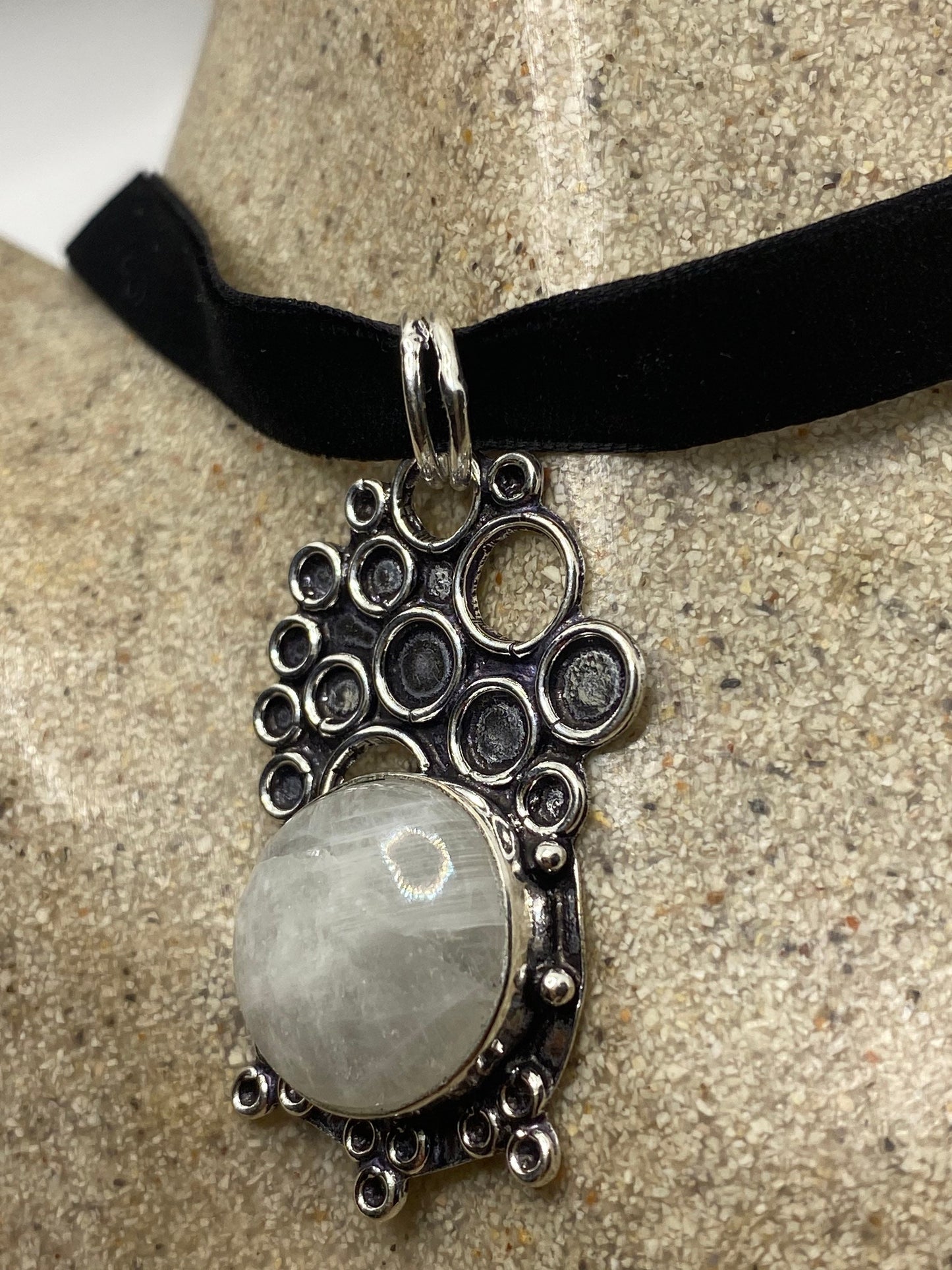 Large Handmade Vintage Engraved Repose Brass Rainbow Moonstone Pendant