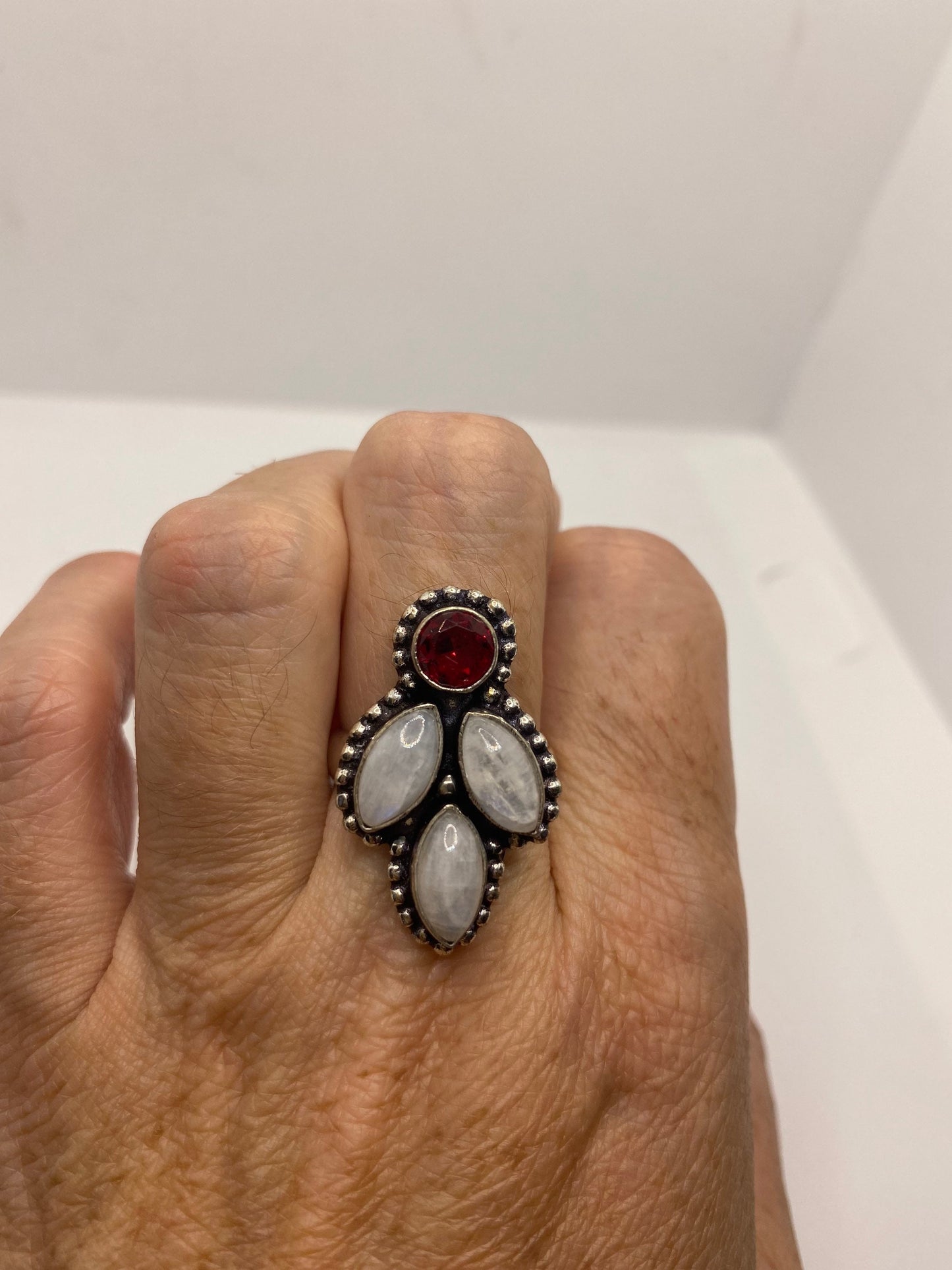 Vintage Blue White Rainbow Moonstone Stone Silver Ring