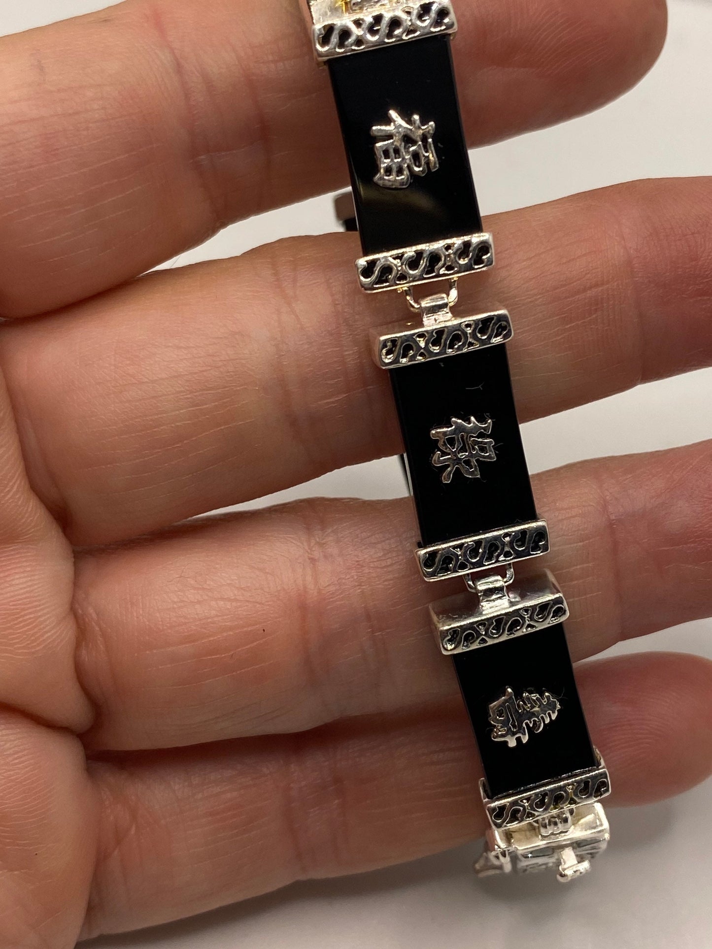 Vintage 925 Sterling Silver Black Onyx Cinese Lucky Bracelet