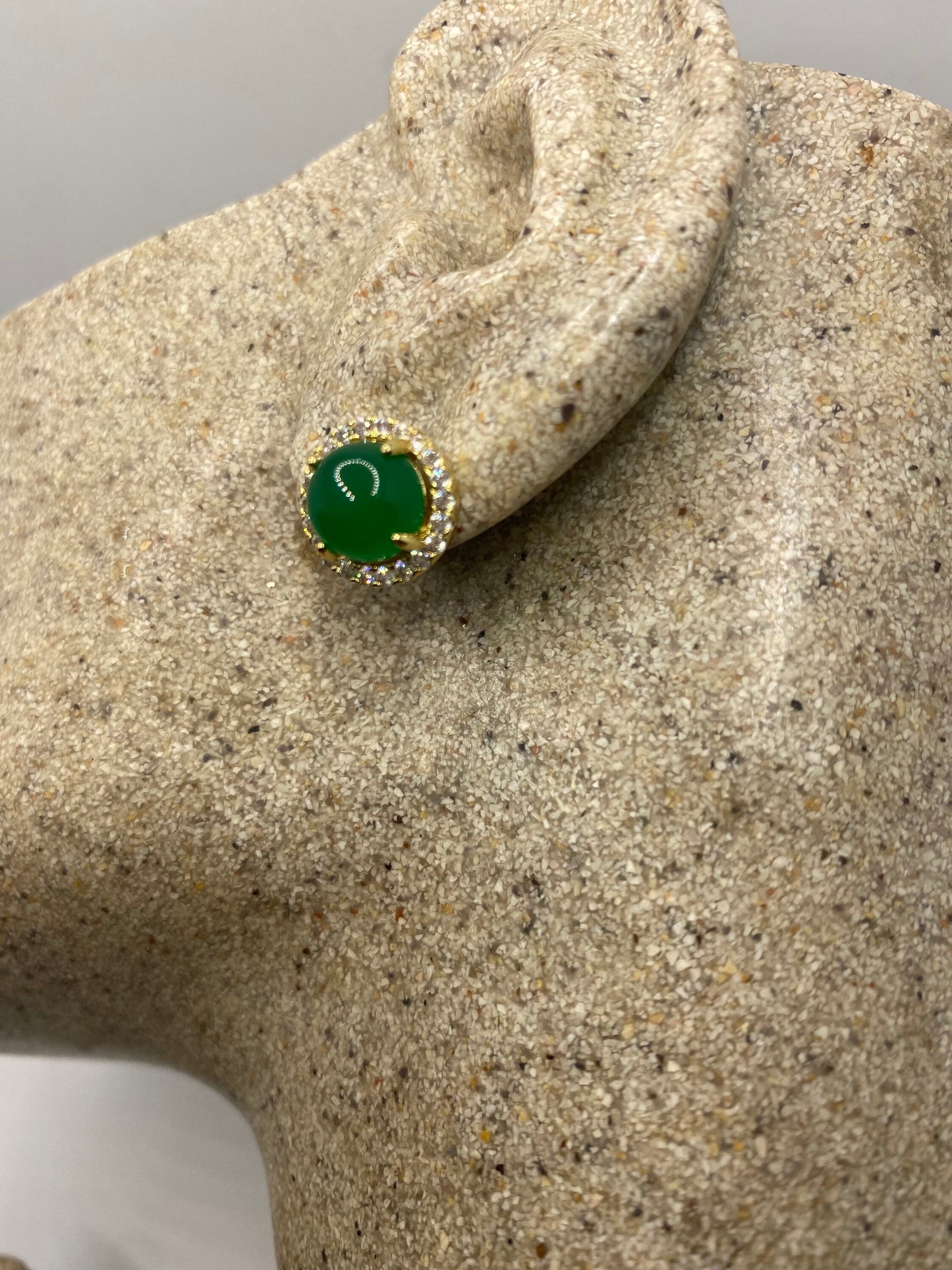 Vintage Fun Green Jade Gemstone Gold Rhodium Bronze Stud Earrings