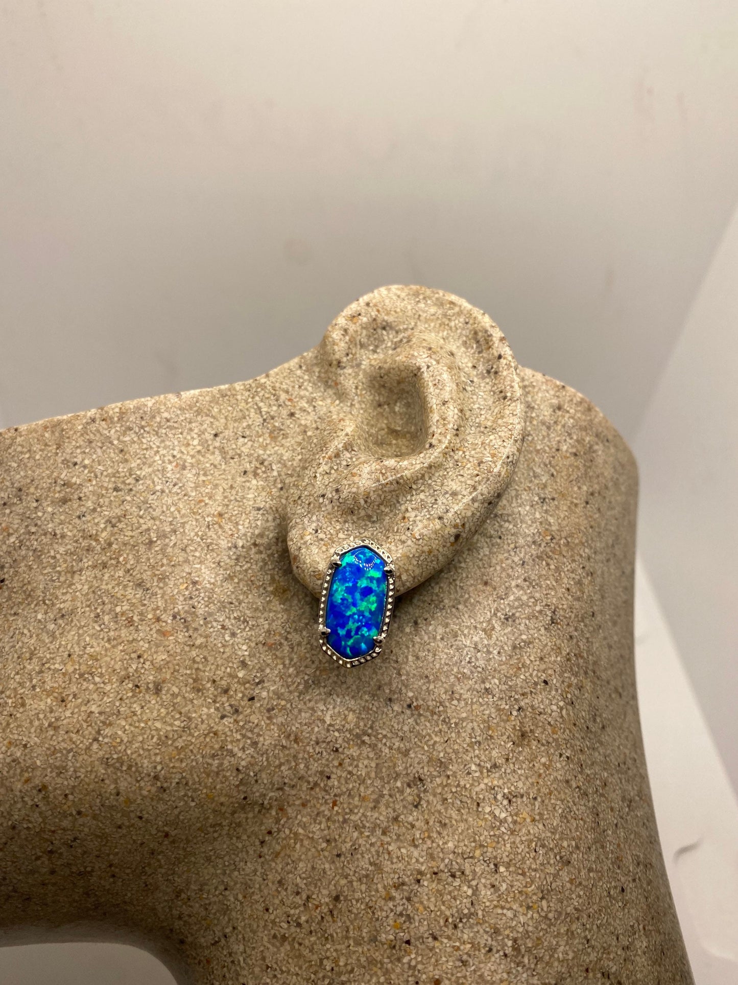 Vintage Blue Opal Earrings 925 Sterling Silver Stud Button