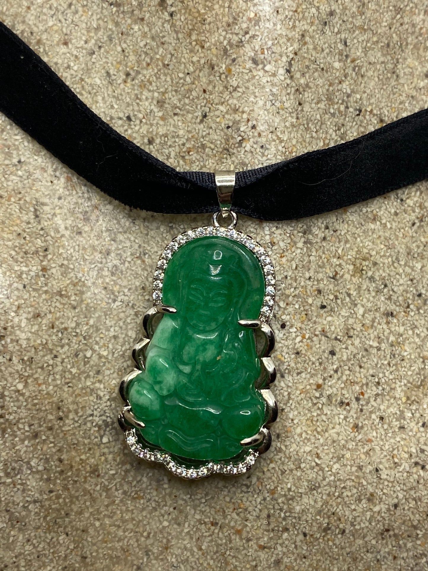 Vintage Green Jade Buddha Choker Silver Finish Necklace Pendant