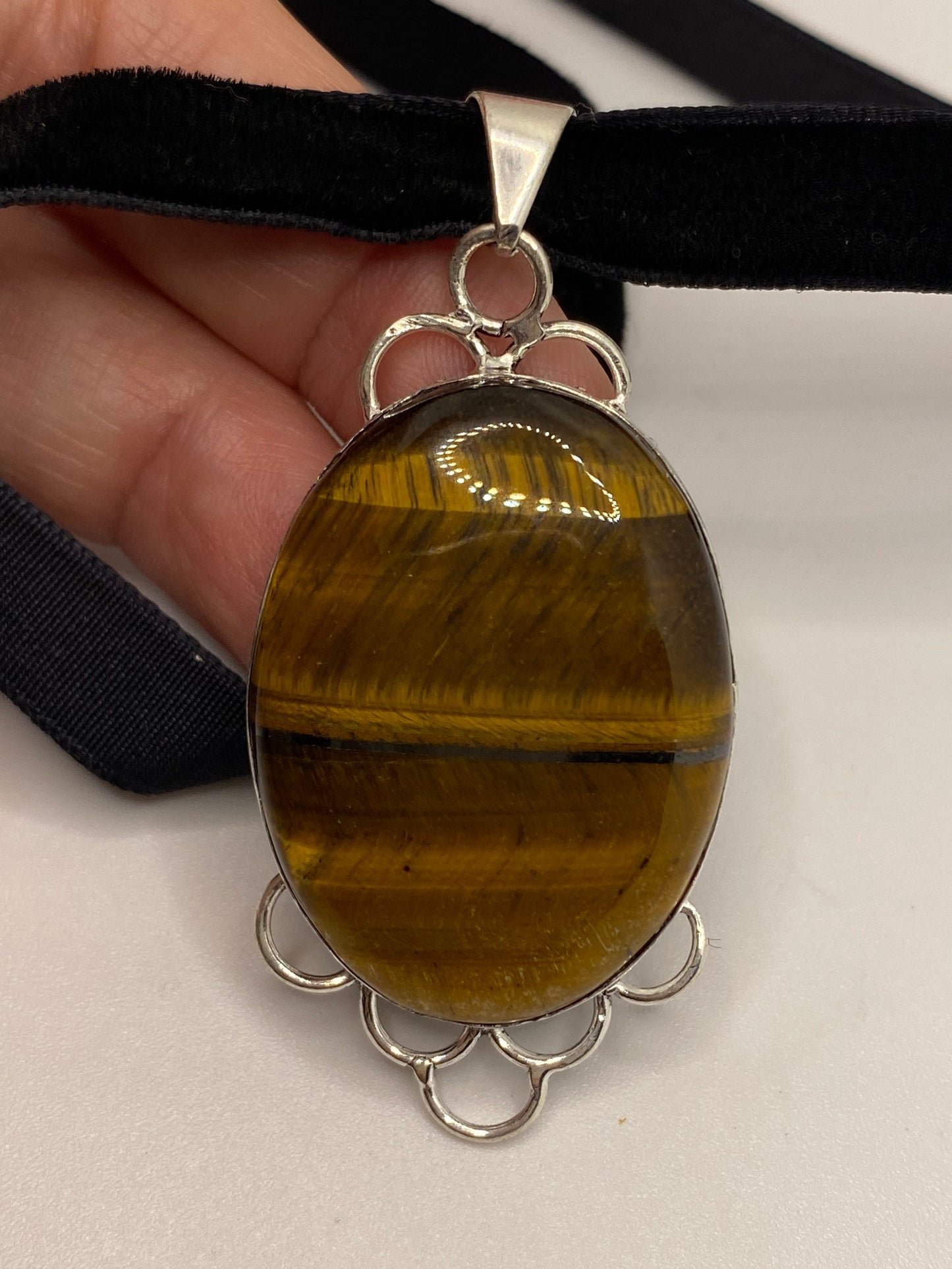 Vintage Tigers Eye Choker Turkish Ottoman Styled Silver Pendant Necklace