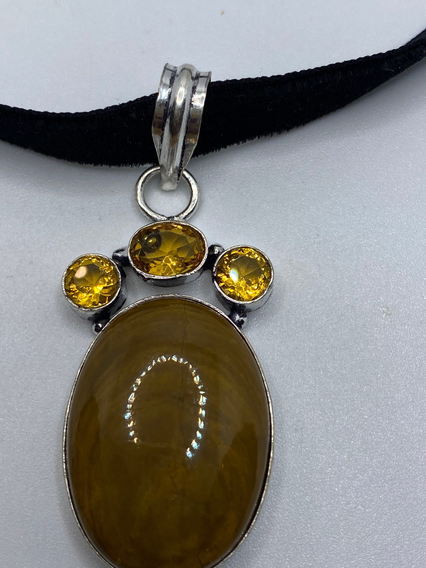 Vintage Tigers Eye Choker Turkish Ottoman Styled Silver Pendant Necklace