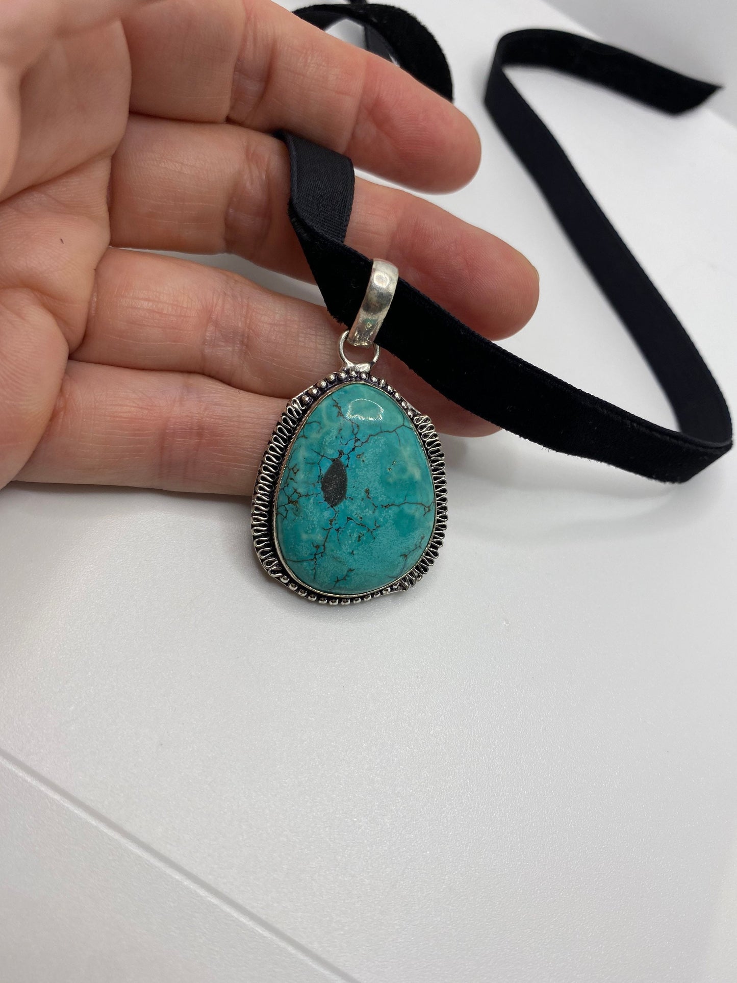 Vintage Silver Finished Genuine Tibetan Turquoise Choker Necklace