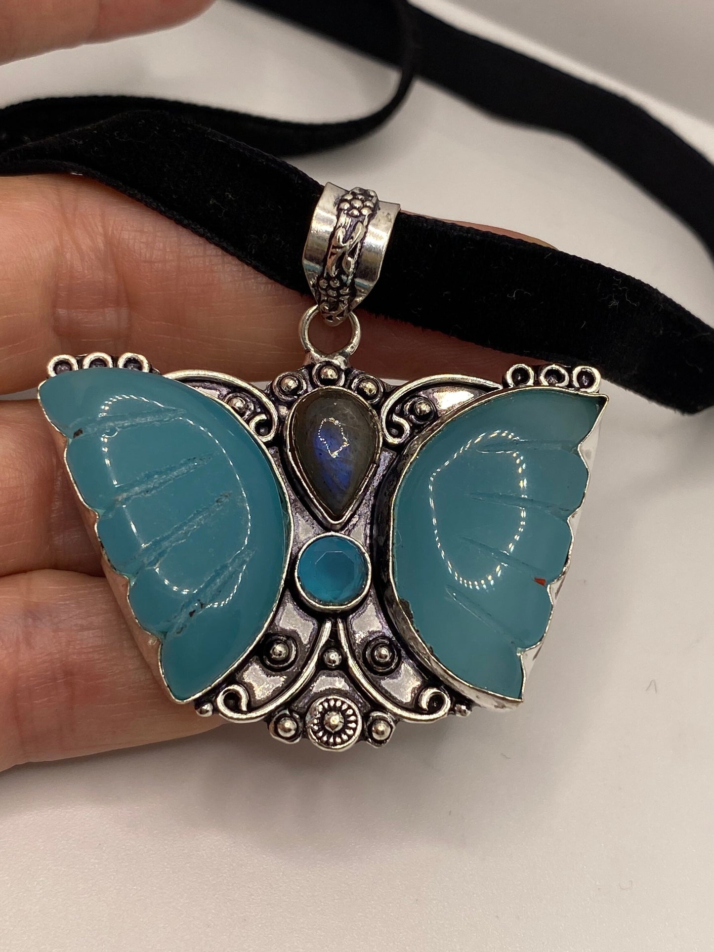 Vintage Blue Chalcedony Butterfly Choker Necklace