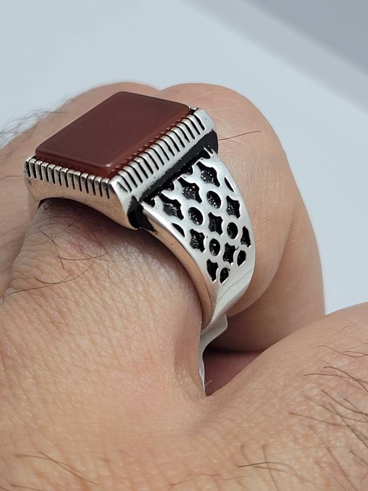 Vintage Carnelian Mens Ring in 925 Sterling Silver Persian-Styled Genuine Carnelian