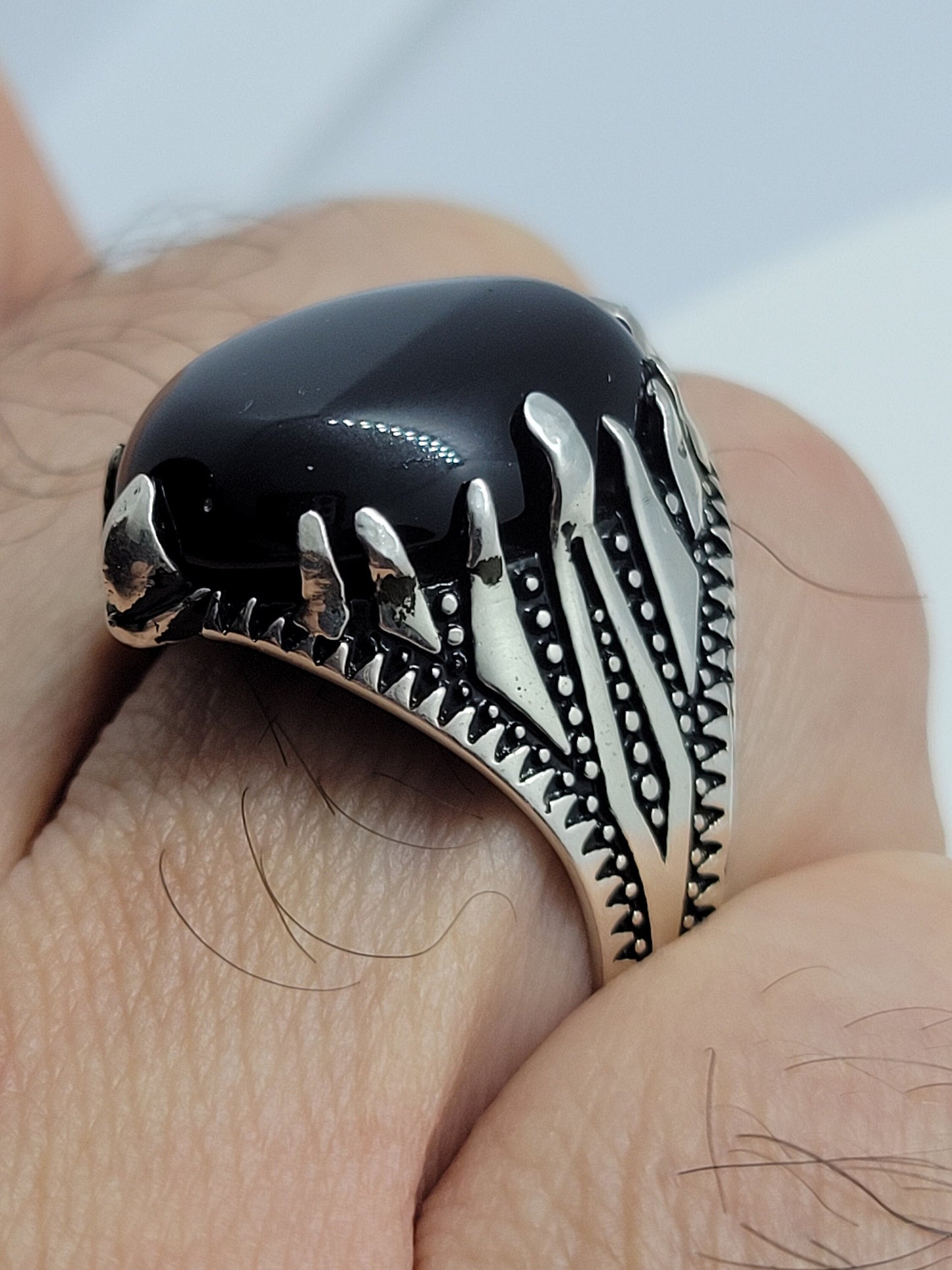 Vintage Black Onyx Mens Ring in 925 Sterling Silver Persian Styled with Genuine Onyx