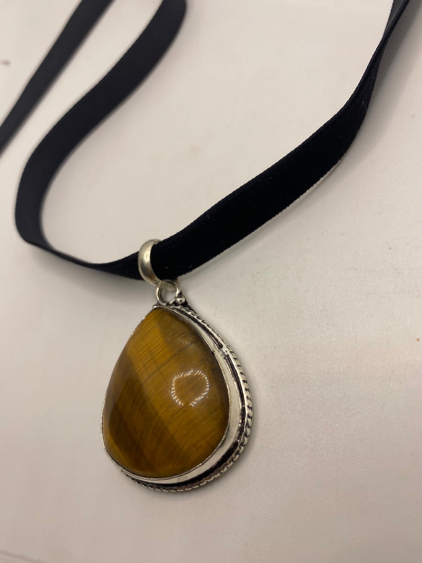 Vintage Tigers Eye Choker Turkish Ottoman Styled Silver Pendant Necklace
