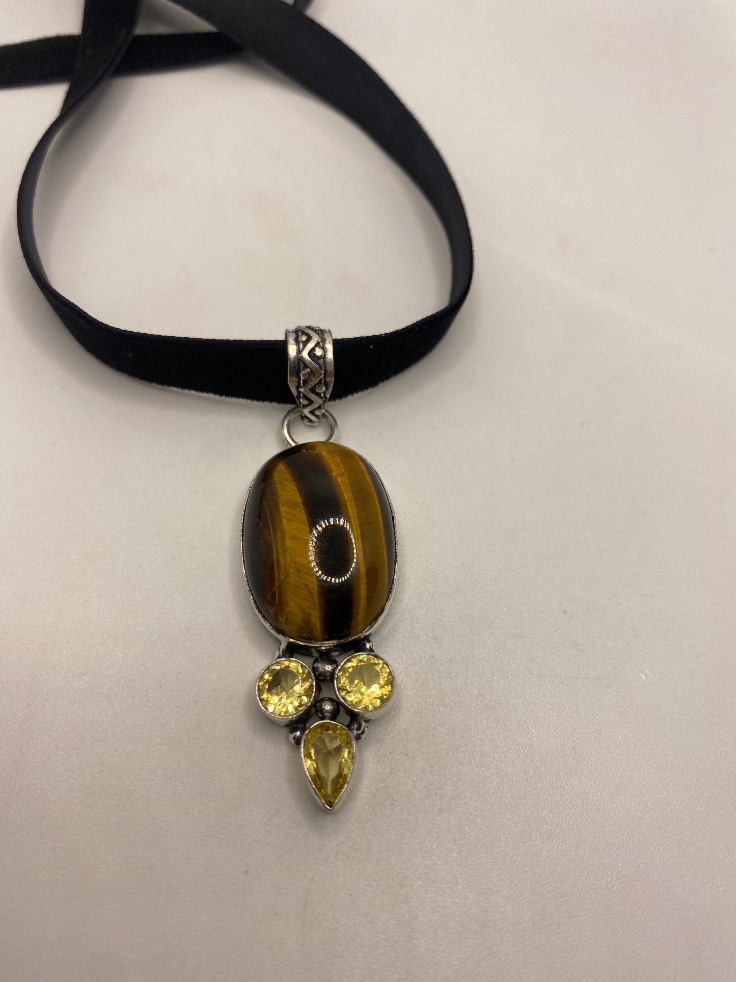 Vintage Tigers Eye Citrine Choker Turkish Ottoman Styled Silver Pendant Necklace