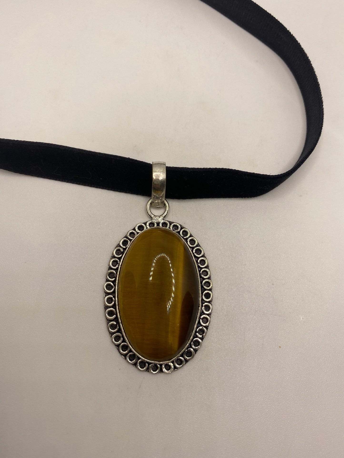 Vintage Tigers Eye Choker Turkish Ottoman Styled Silver Pendant Necklace