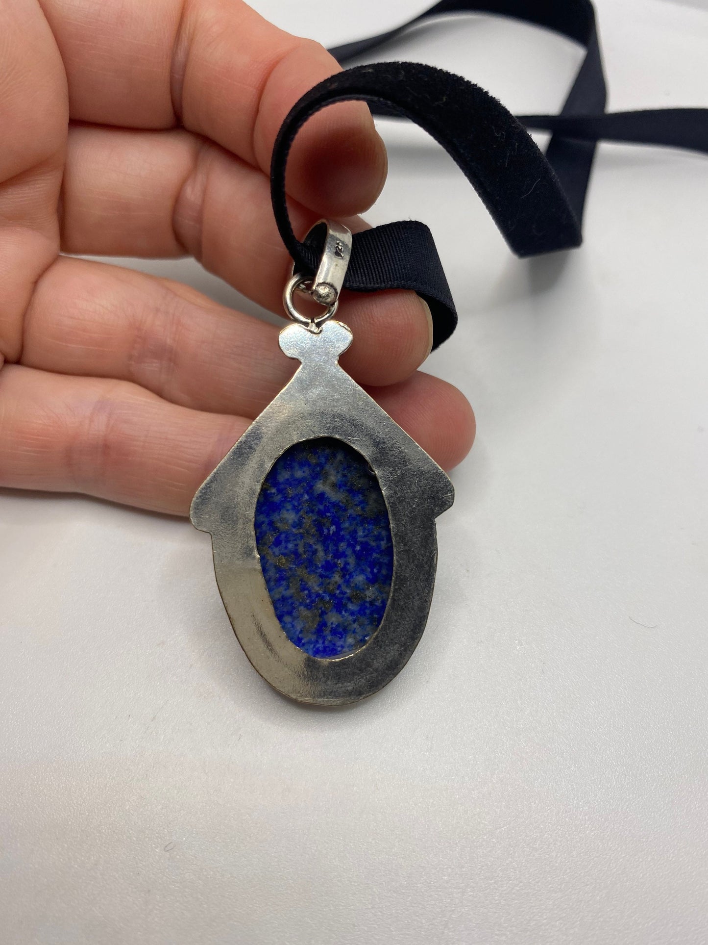 Vintage Blue Lapis Choker Black Velvet Ribbon Necklace.