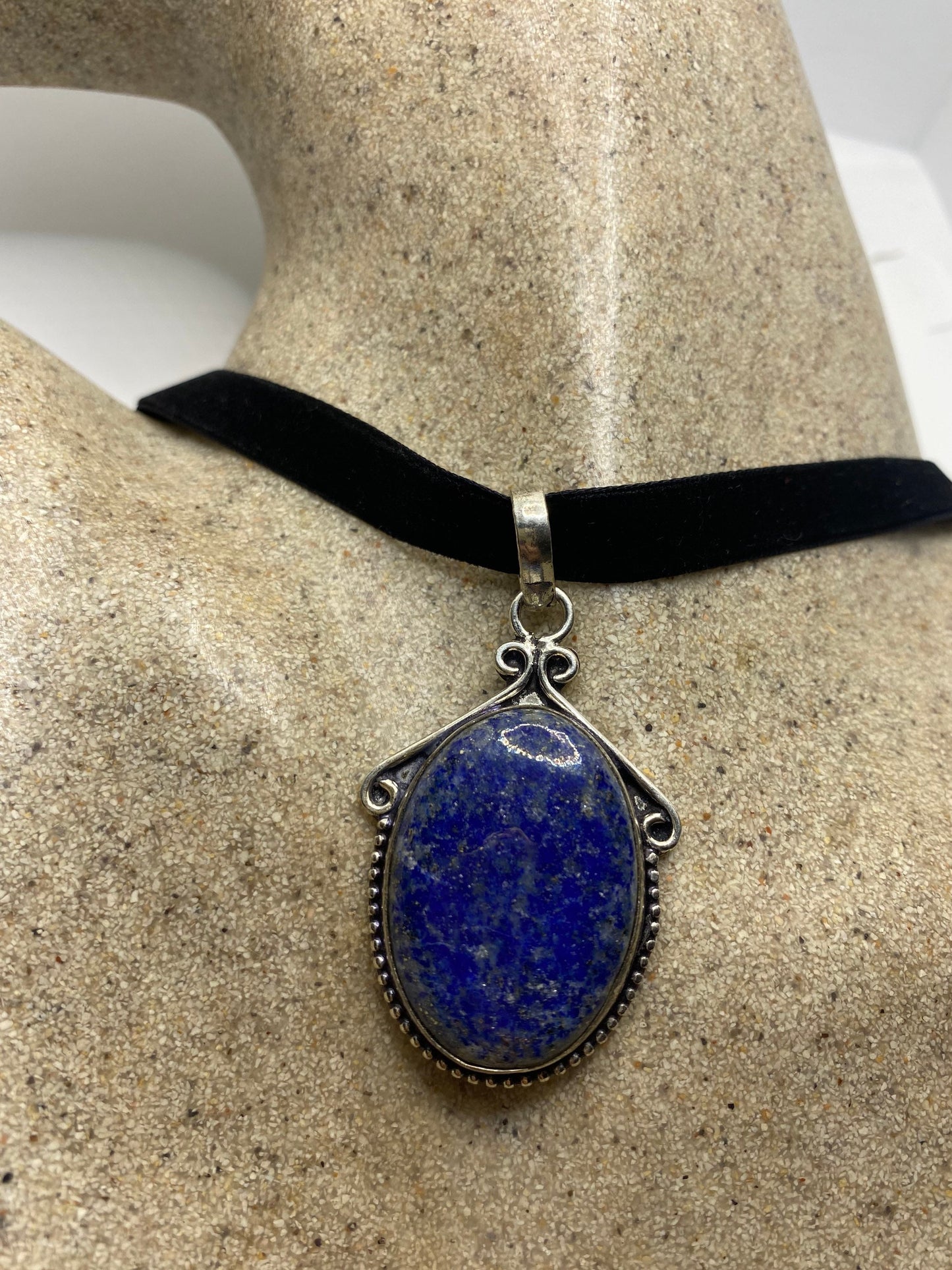 Vintage Blue Lapis Choker Black Velvet Ribbon Necklace.
