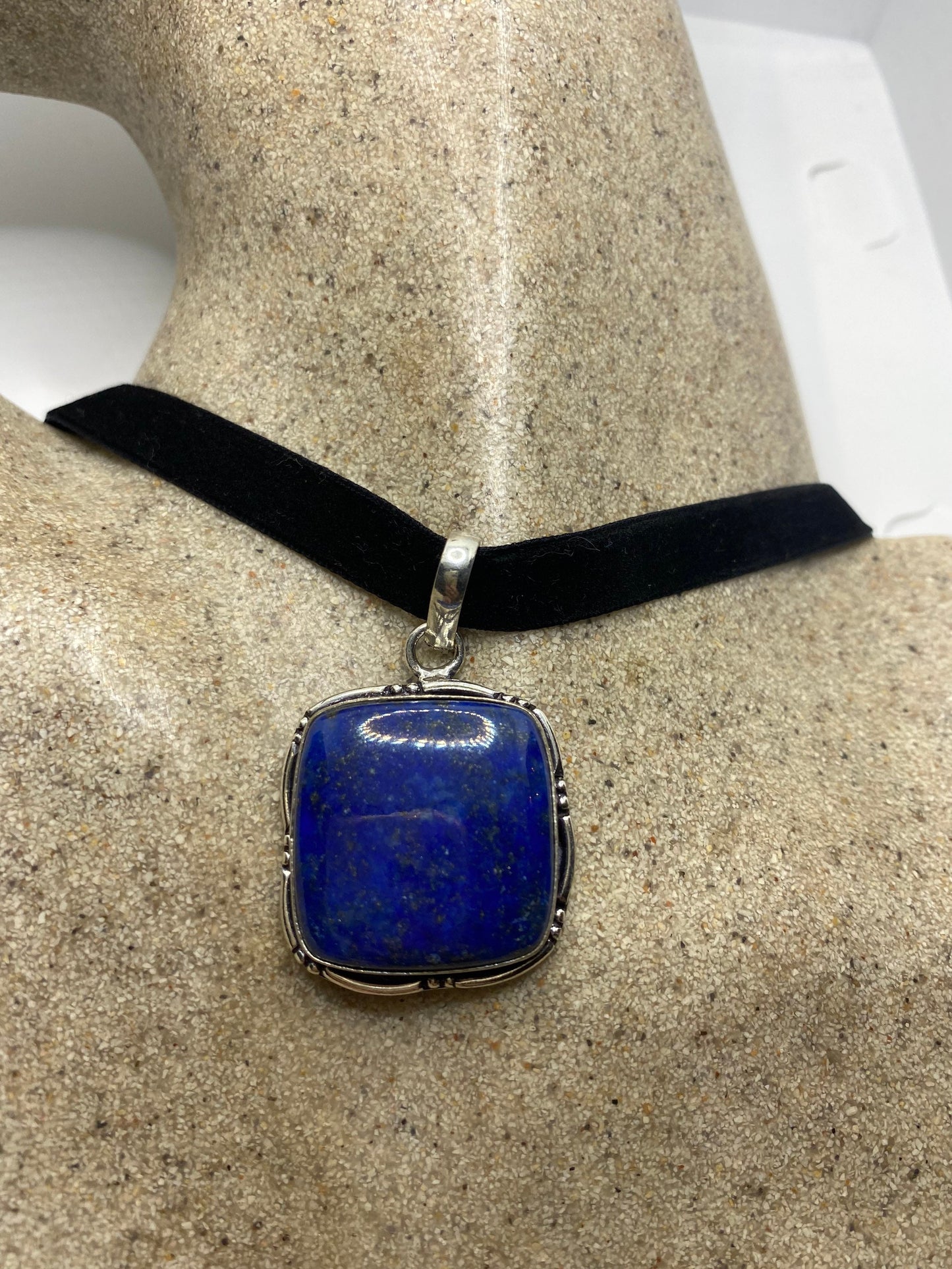 Vintage Blue Lapis Choker Black Velvet Ribbon Necklace.