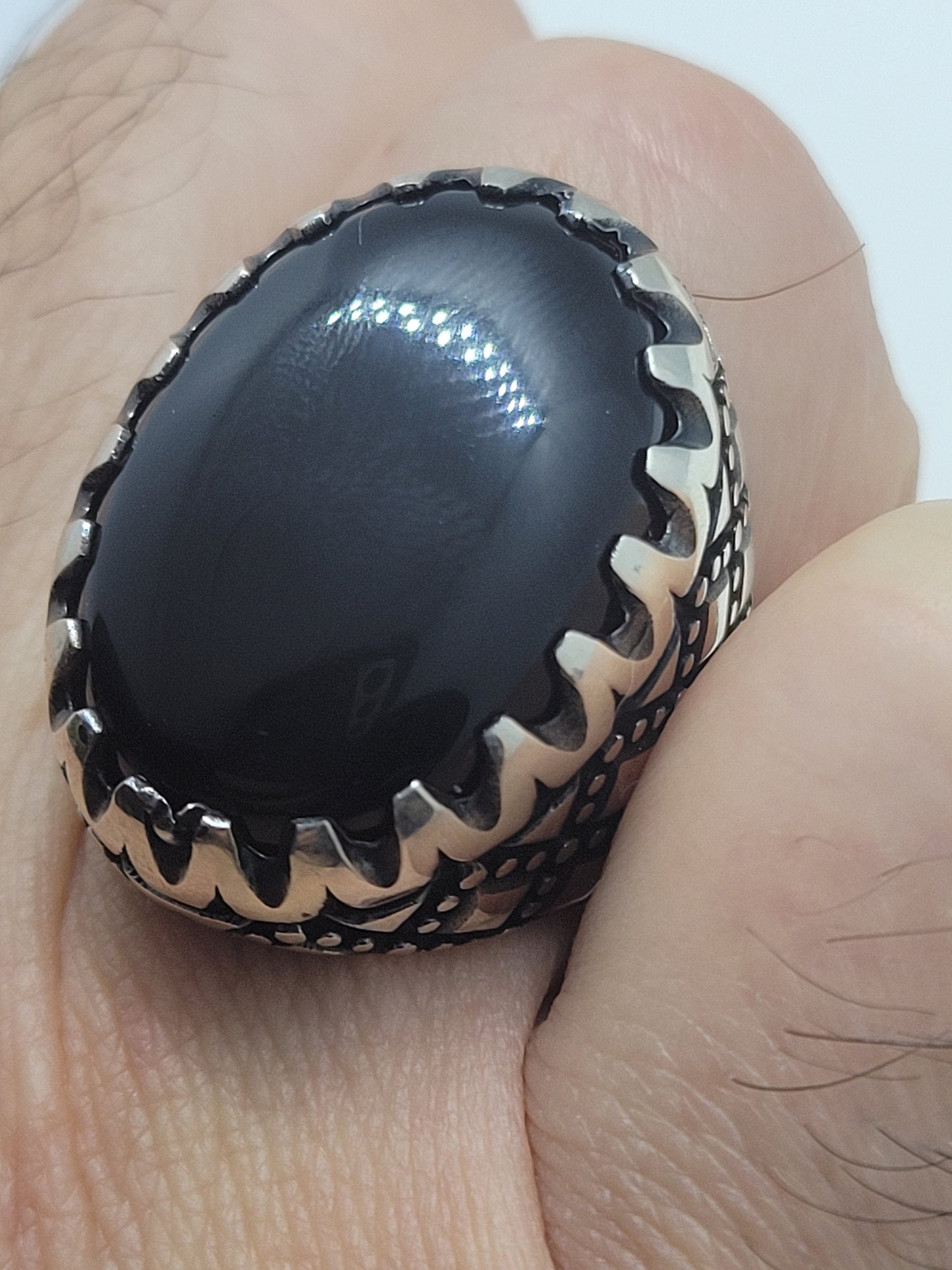 Vintage Black Onyx Mens Ring in 925 Sterling Silver Persian Styled with Genuine Onyx