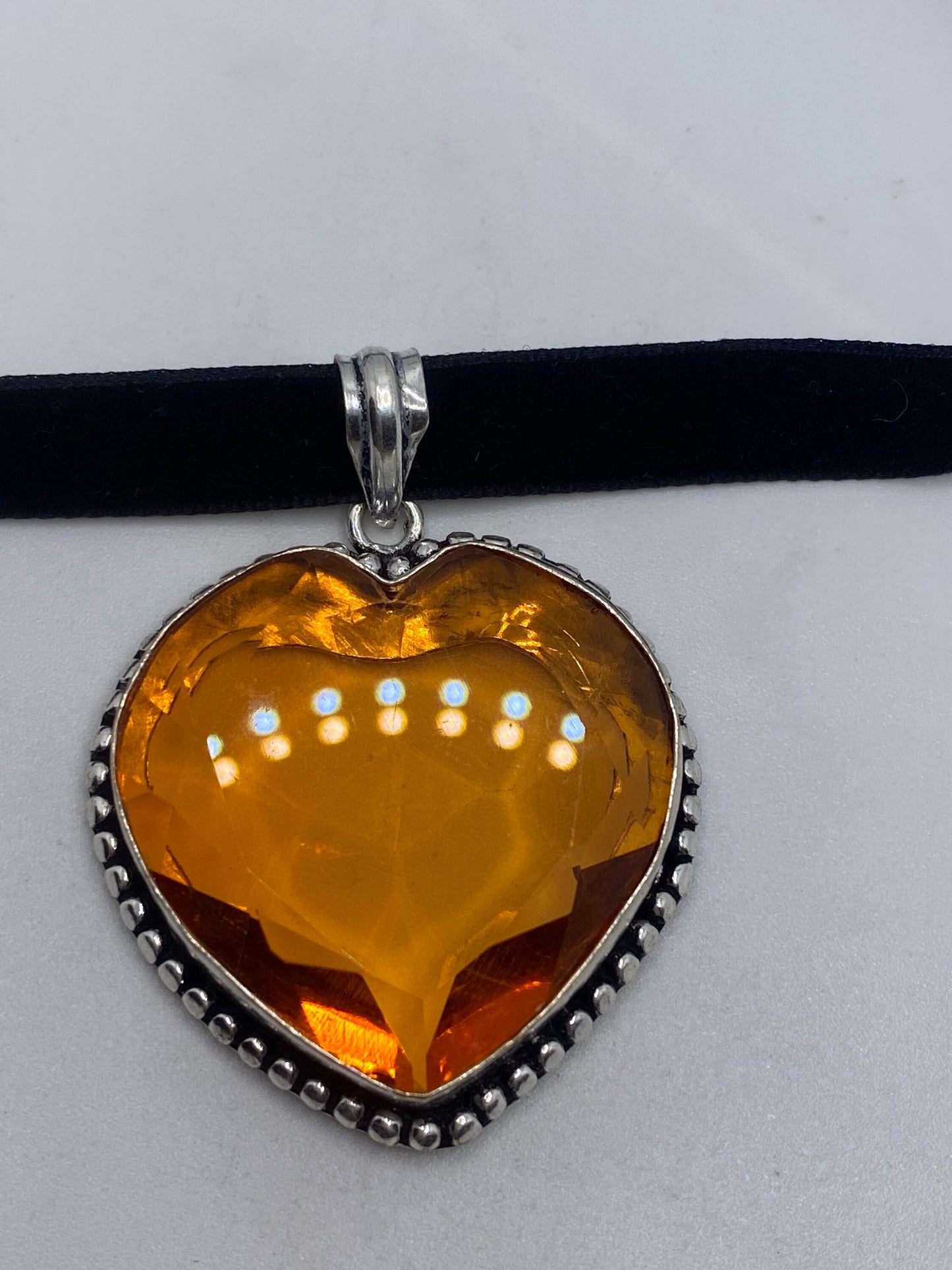 Vintage Amber Glass Heart Antique Black Velvet Ribbon Choker Necklace