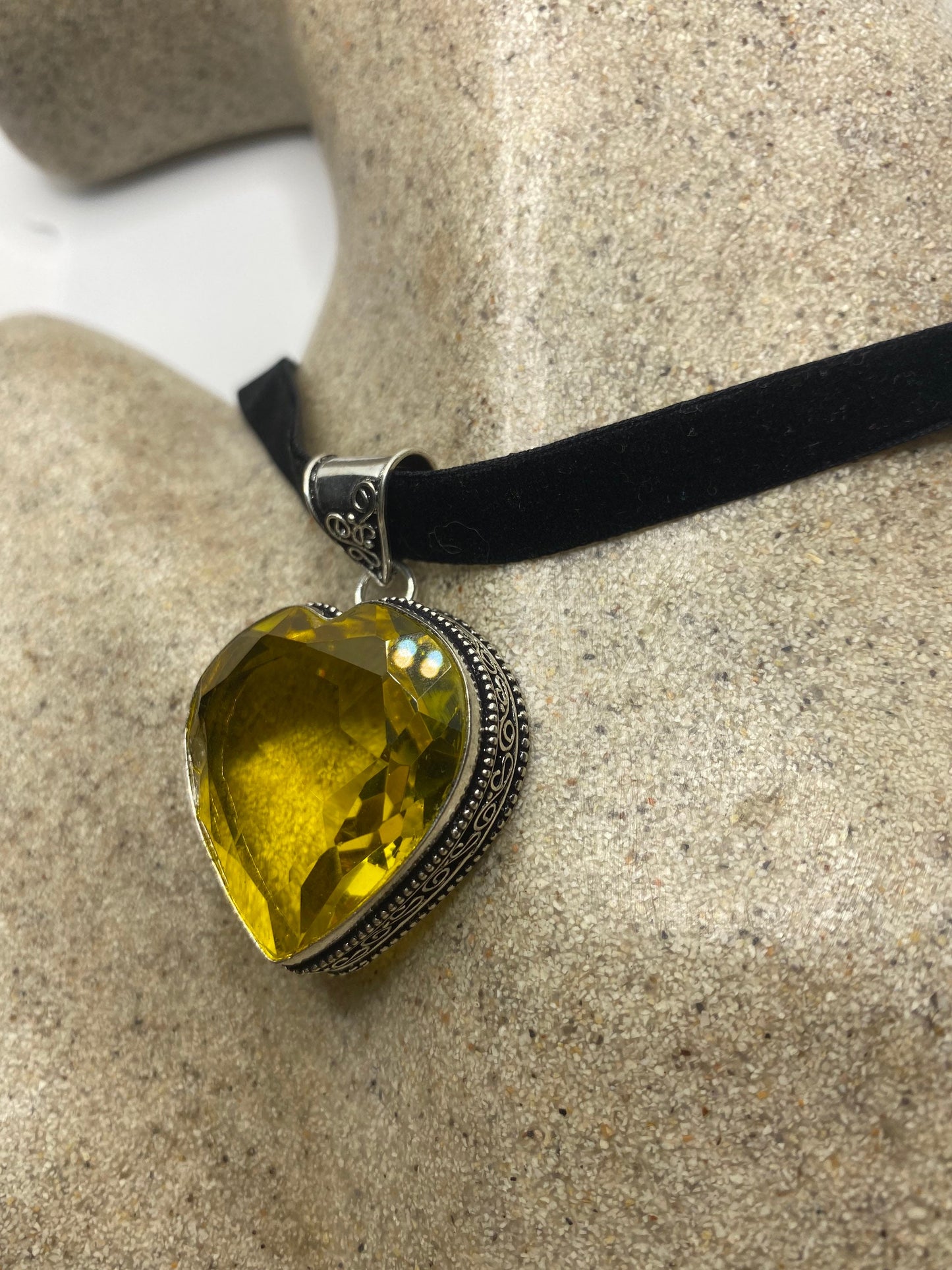 Vintage Amber Glass Heart Antique Black Velvet Ribbon Choker Necklace
