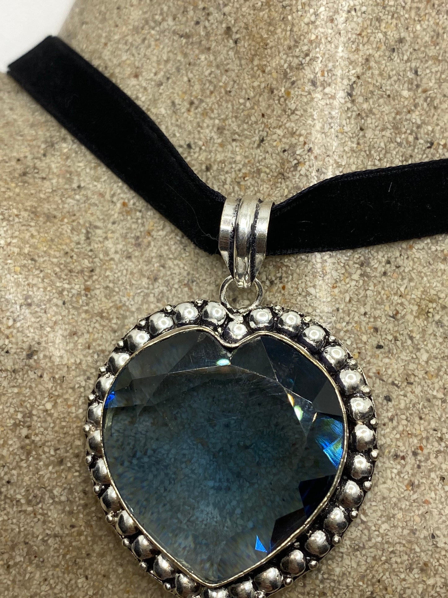 Vintage Blue Glass Heart Antique Black Velvet Ribbon Choker Necklace