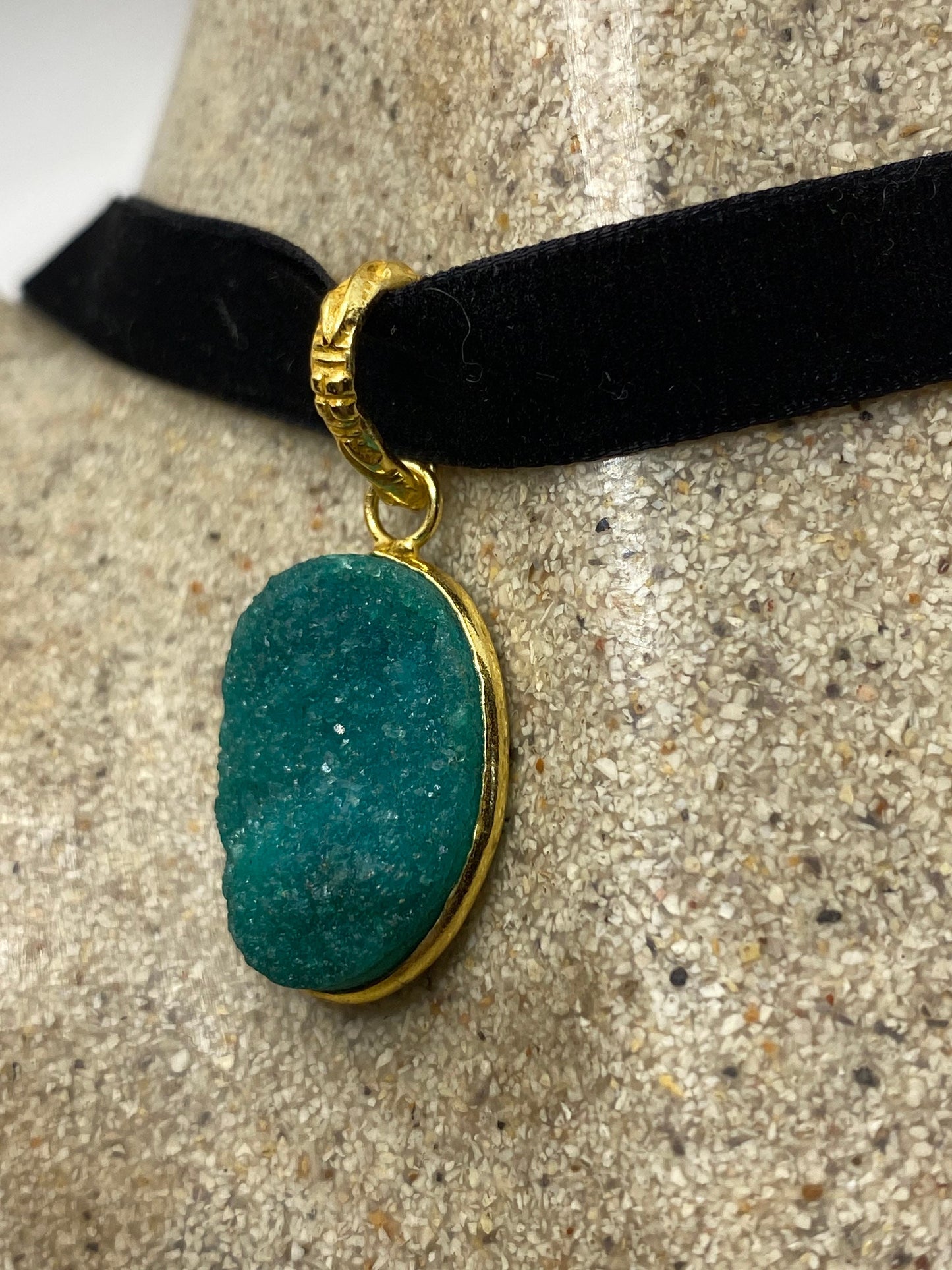 Vintage Green Chrysoprase Crystal Druzy Black Velvet Ribbon Choker Pendant