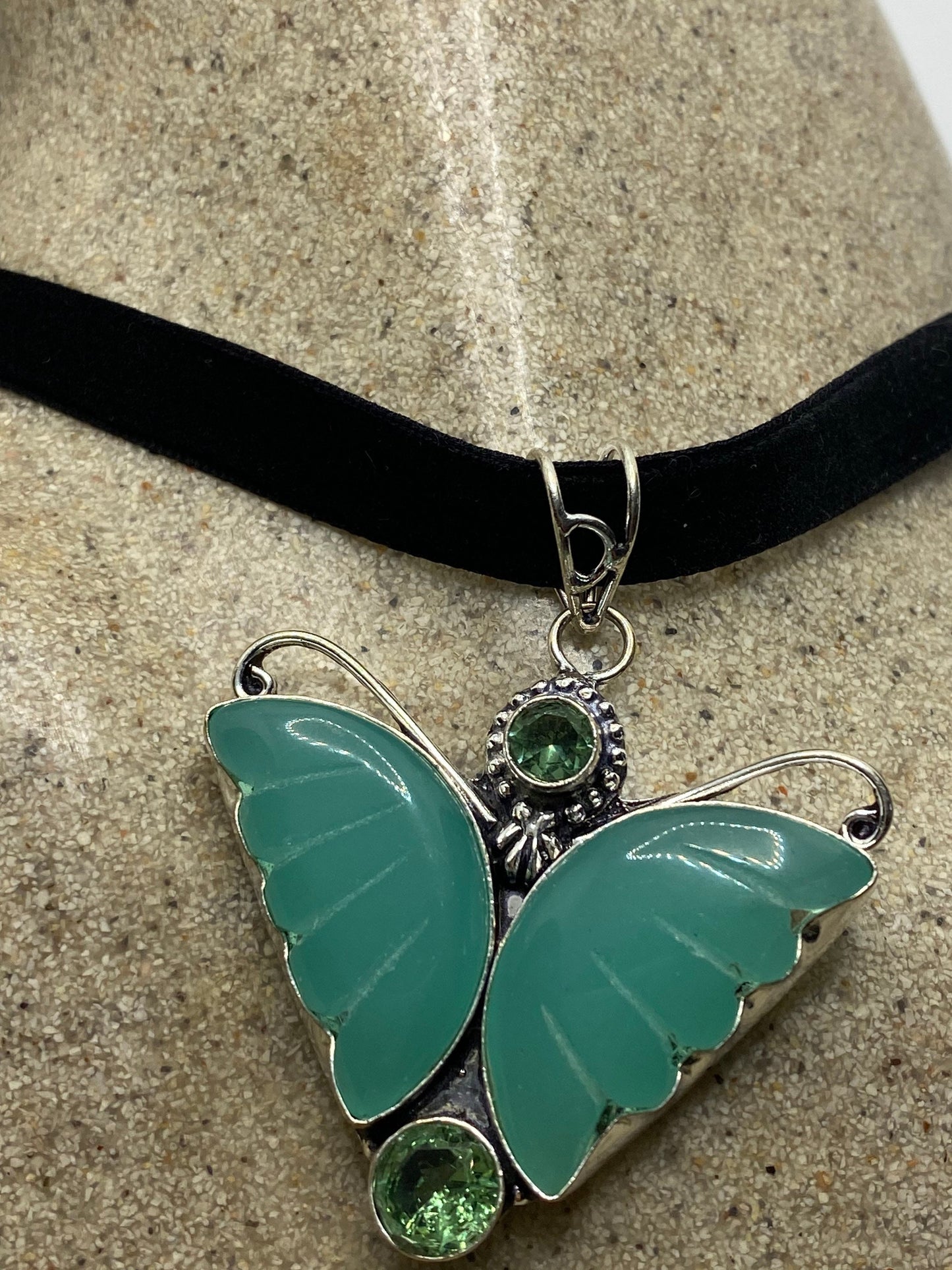 Vintage Green Chalcedony Butterfly Choker Necklace