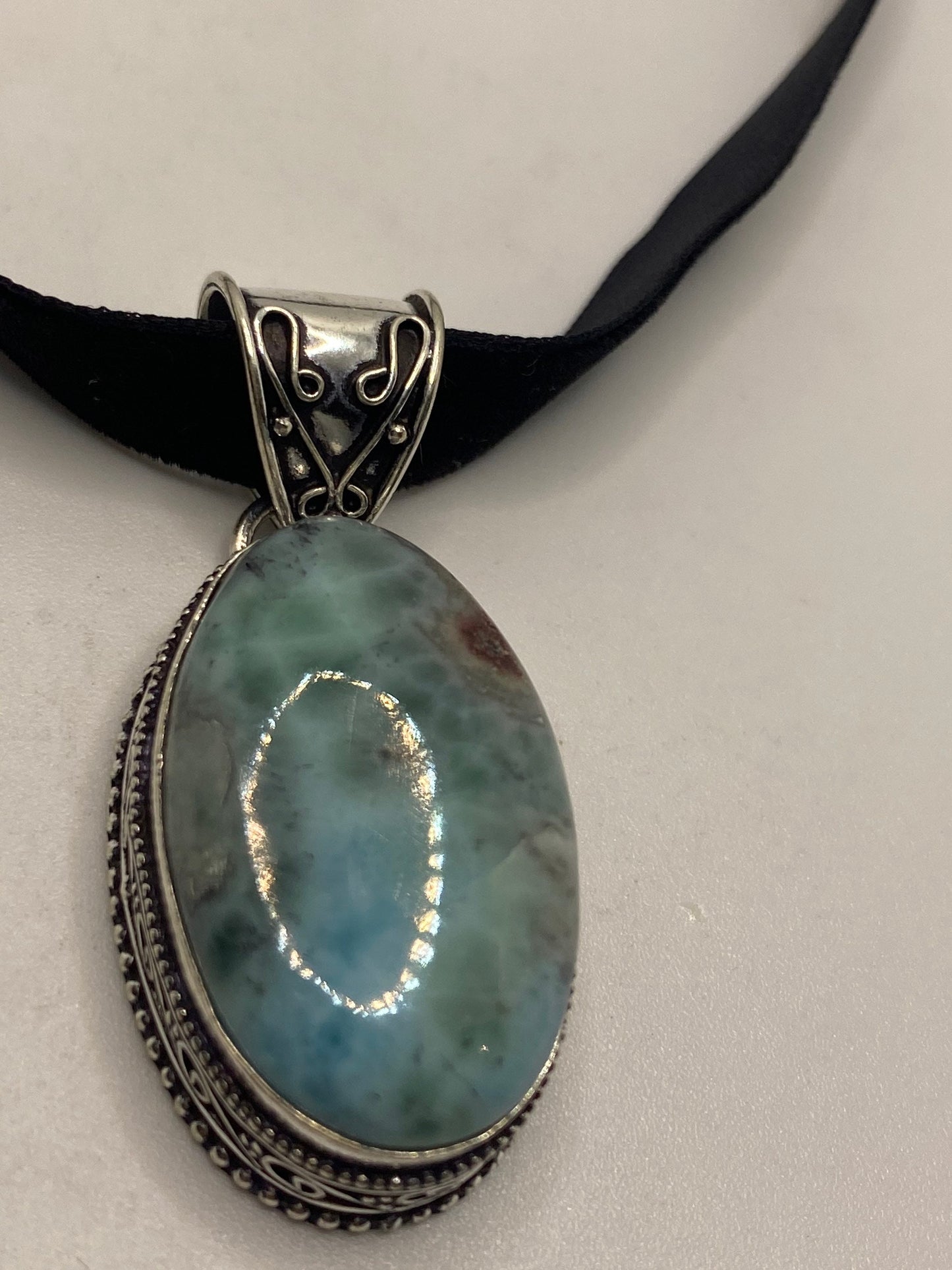 Vintage Blue Larimar Black Velvet Ribbon Choker Necklace